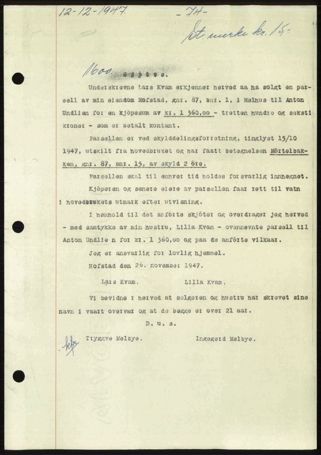 Gauldal sorenskriveri, SAT/A-0014/1/2/2C: Pantebok nr. A5, 1947-1948, Dagboknr: 1600/1947