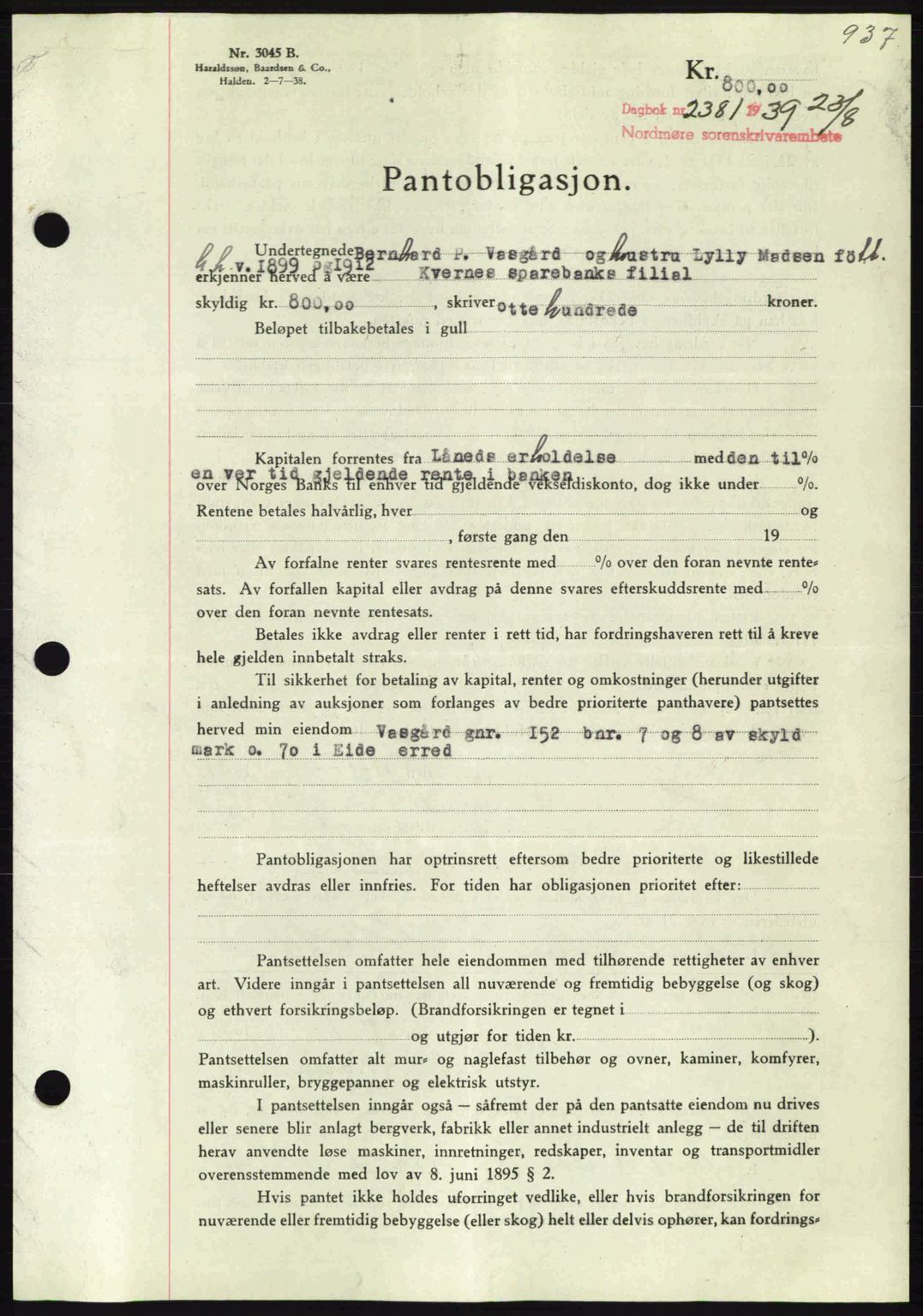 Nordmøre sorenskriveri, SAT/A-4132/1/2/2Ca: Pantebok nr. B85, 1939-1939, Dagboknr: 2381/1939