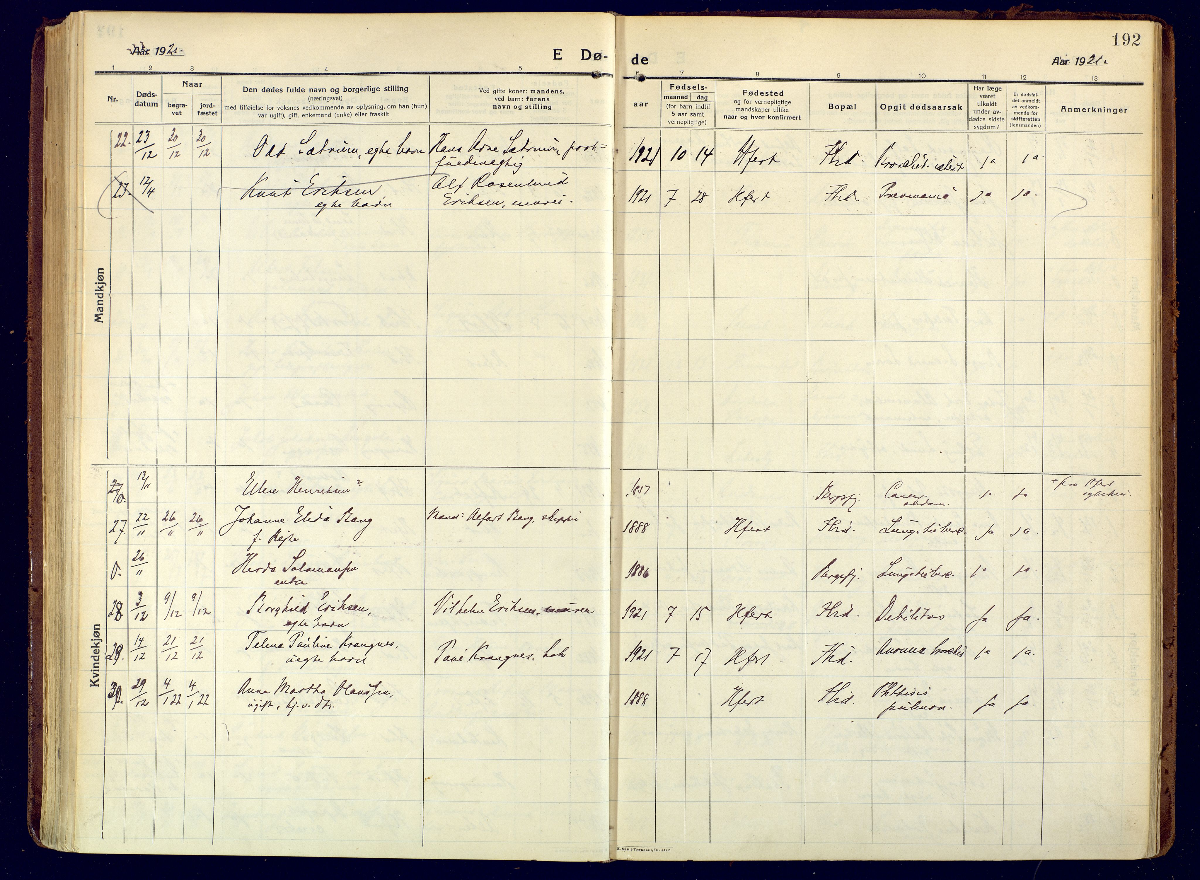 Hammerfest sokneprestkontor, AV/SATØ-S-1347/H/Ha/L0015.kirke: Ministerialbok nr. 15, 1916-1923, s. 192