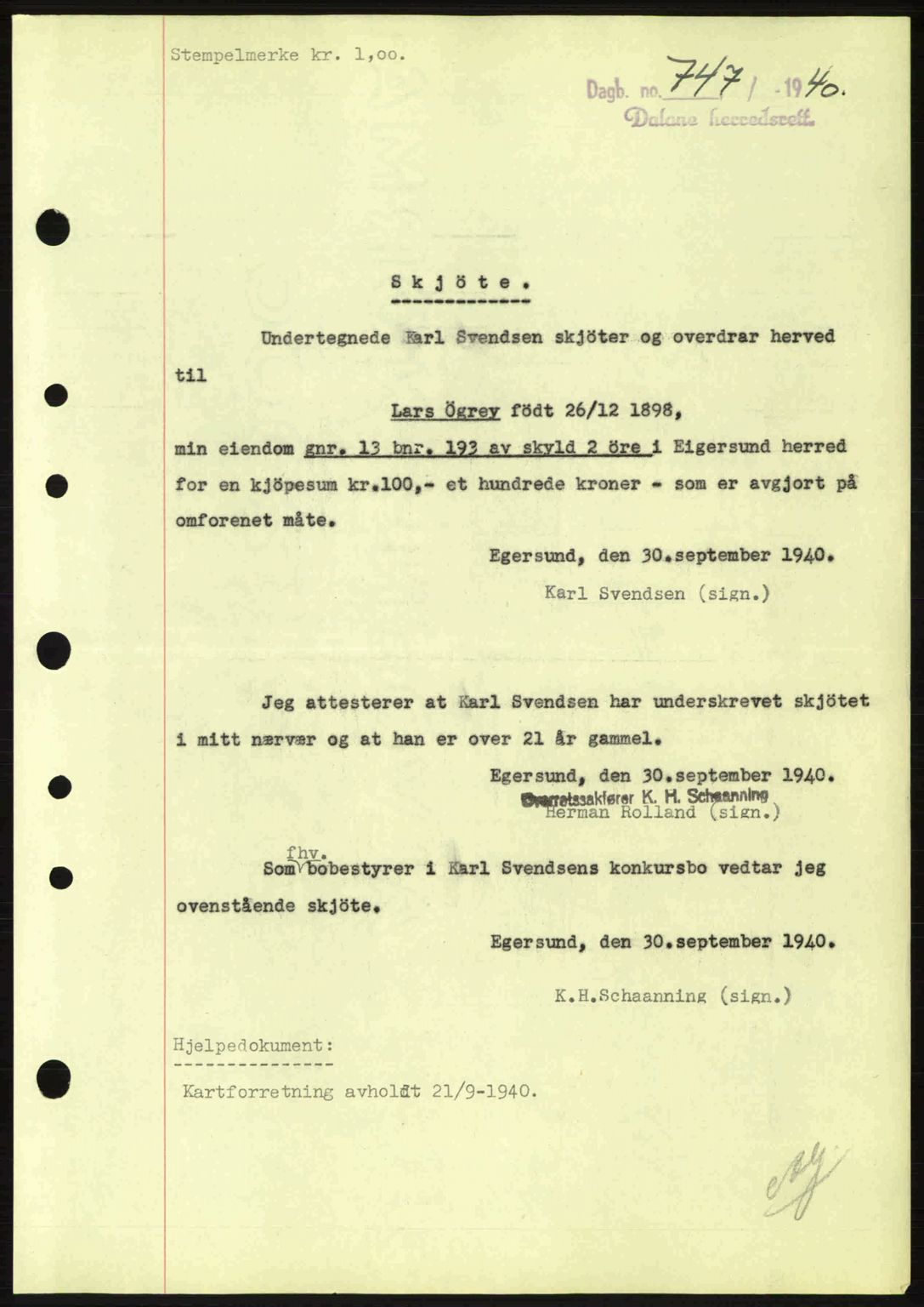 Dalane sorenskriveri, SAST/A-100309/02/G/Gb/L0044: Pantebok nr. A5, 1940-1941, Dagboknr: 747/1940
