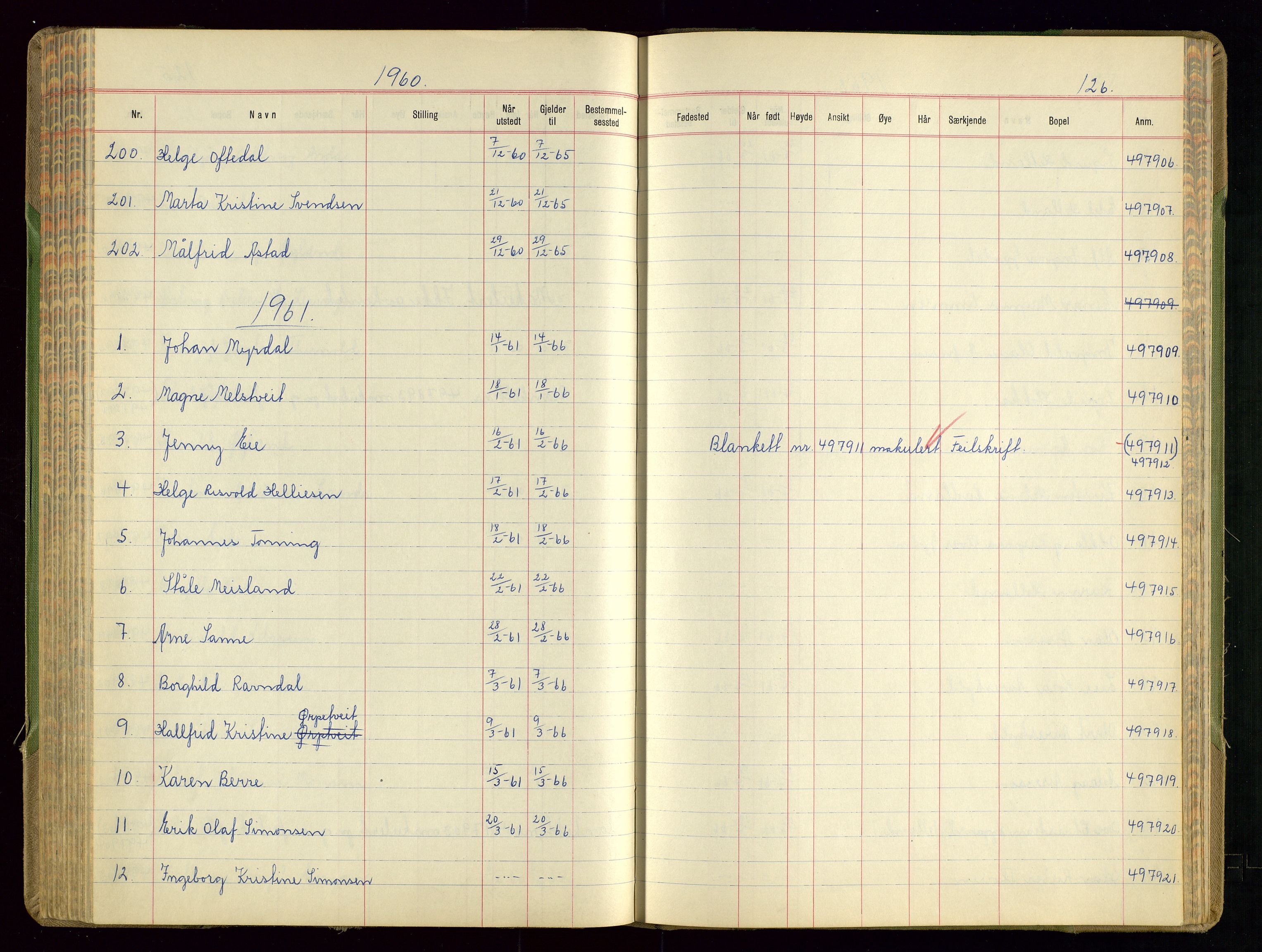 Sandnes politikammer, AV/SAST-A-100446/K/L0008: Passprotokoll, 1951-1962, s. 126