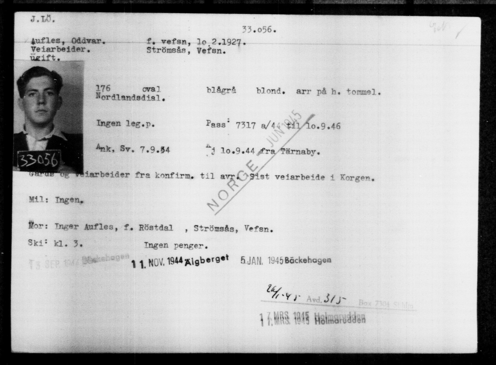 Utenriksstasjonene, Legasjonen i Stockholm, Flyktningkontoret, AV/RA-S-6753/V/Va/L0013: Kjesäterkartoteket, flyktninger med registreringsnr. 31500-34731, 1940-1945, s. 1631