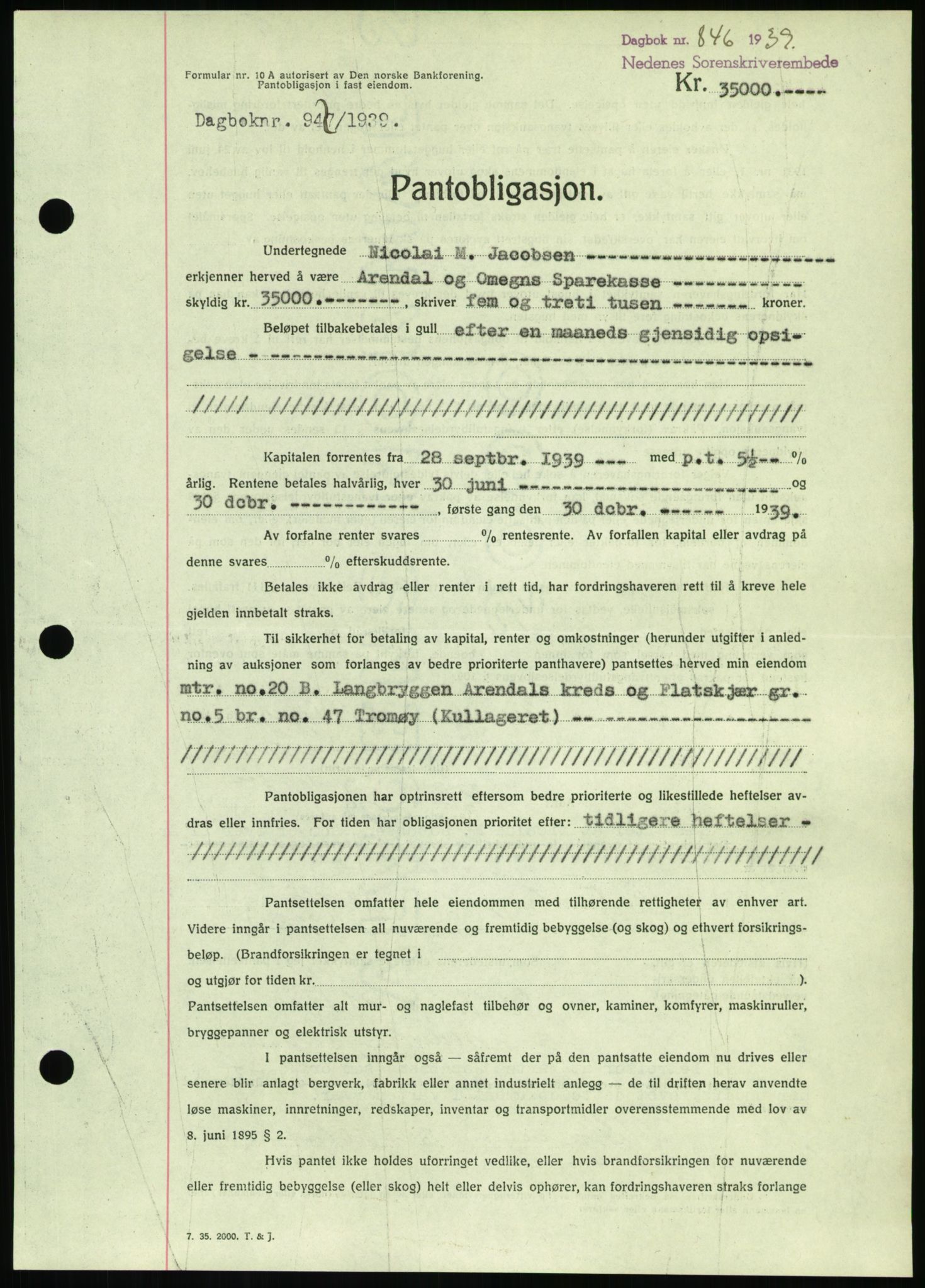 Nedenes sorenskriveri, AV/SAK-1221-0006/G/Gb/Gbb/L0001: Pantebok nr. I, 1939-1942, Dagboknr: 947/1939