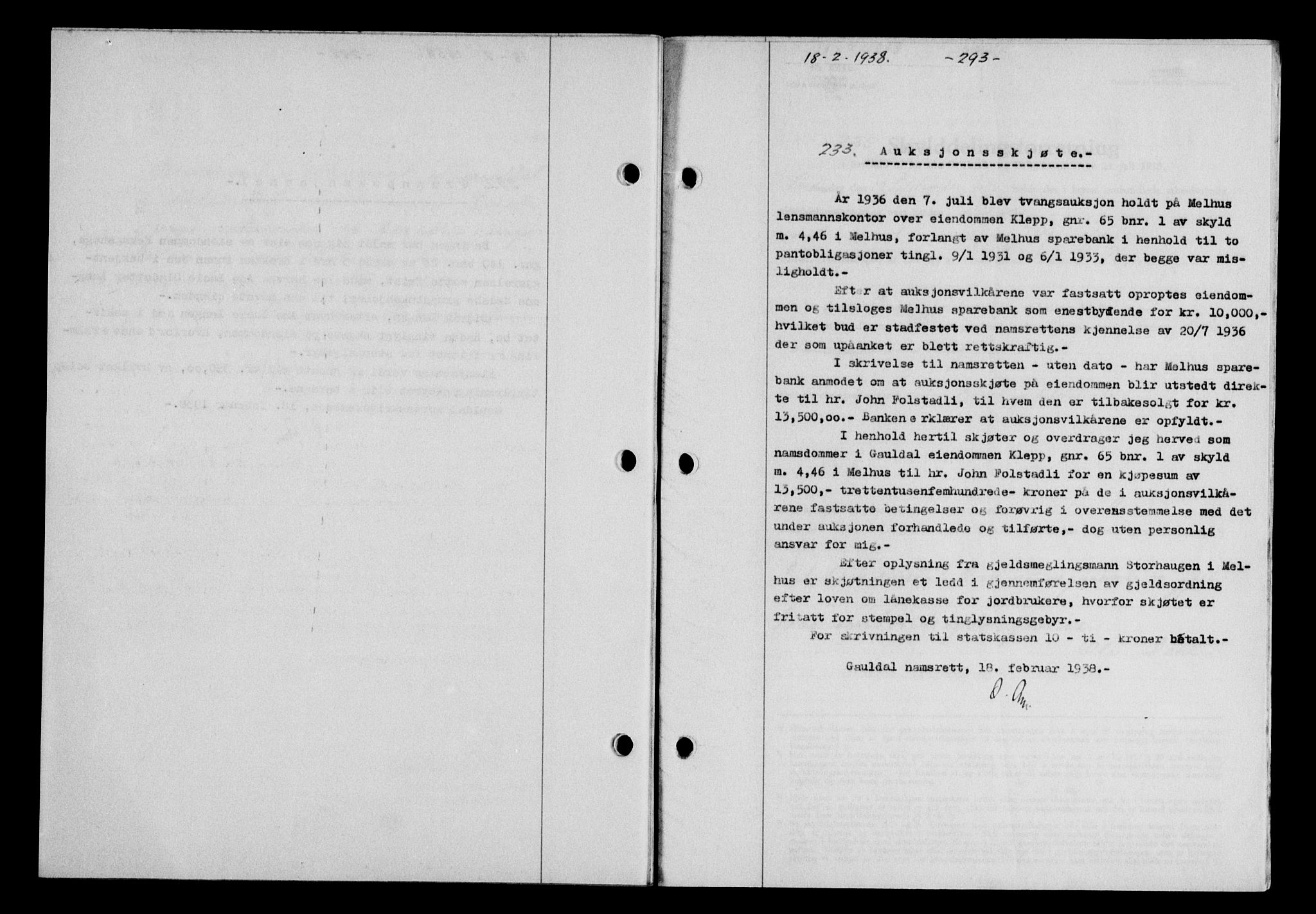 Gauldal sorenskriveri, SAT/A-0014/1/2/2C/L0048: Pantebok nr. 51-52, 1937-1938, s. 293, Dagboknr: 233/1938