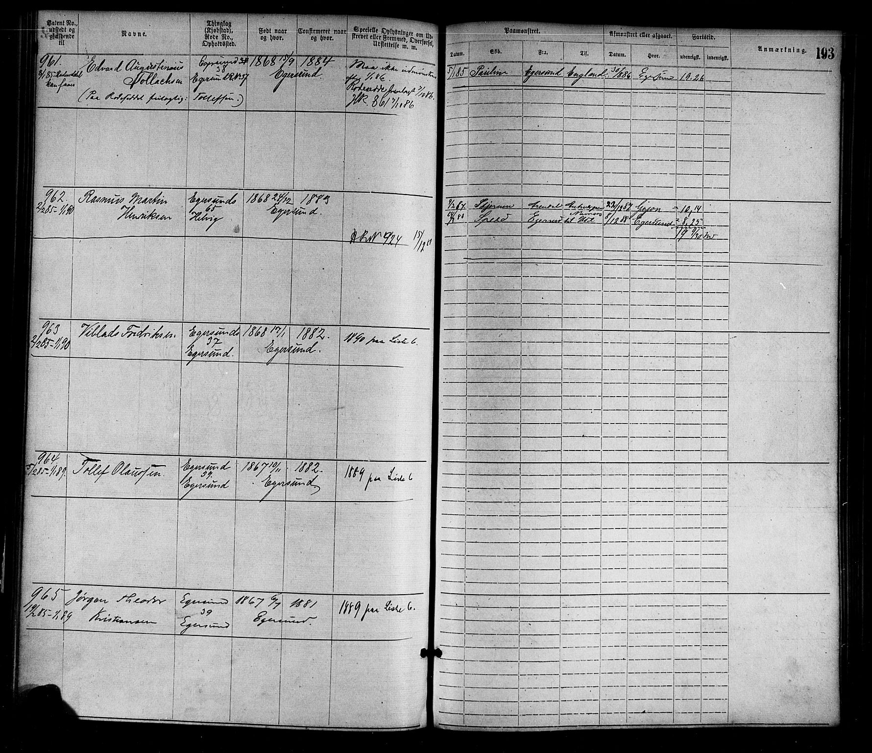 Egersund mønstringskrets, SAK/2031-0019/F/Fa/L0001: Annotasjonsrulle nr 1-1440 med register, O-1, 1869-1895, s. 216