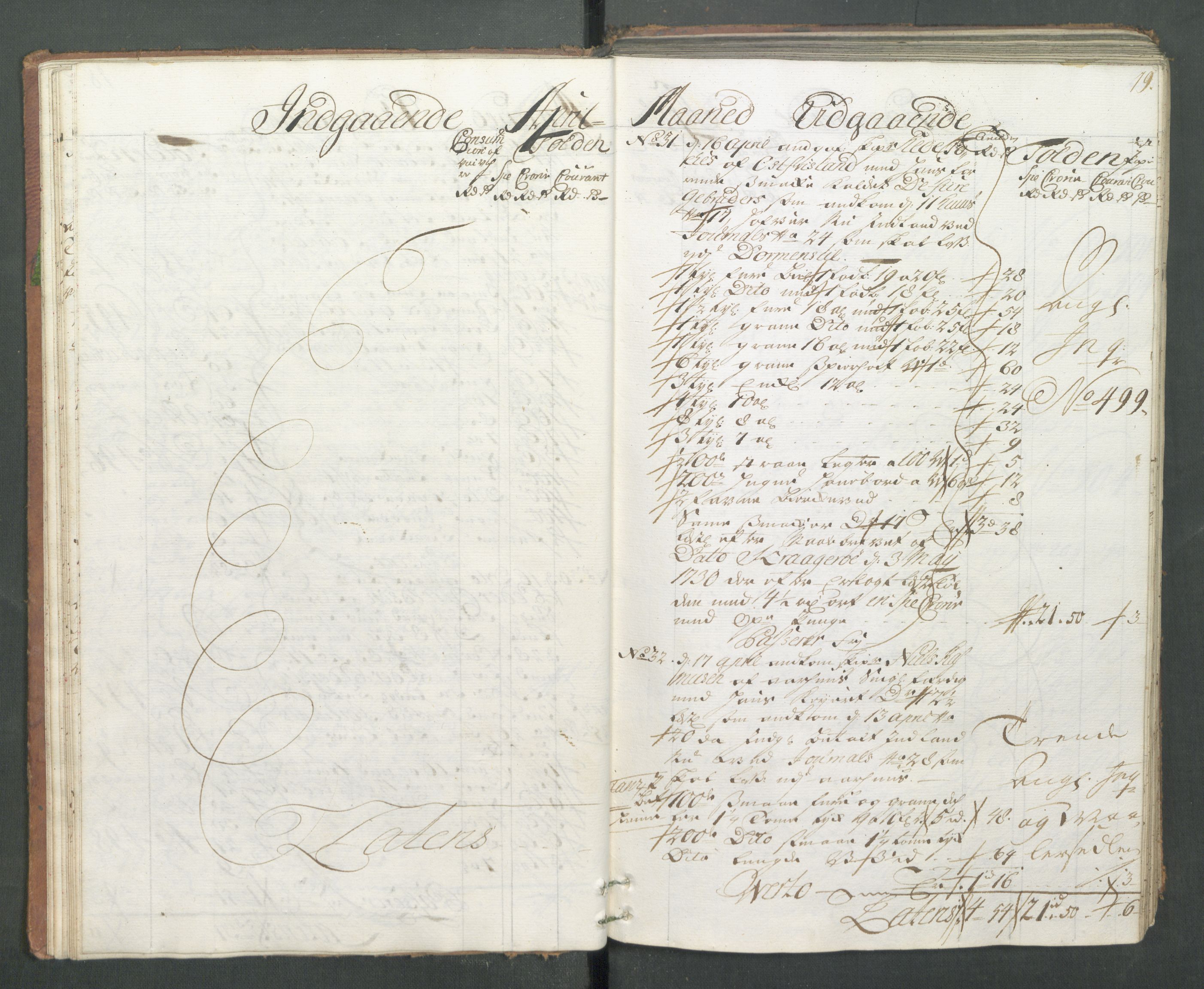 Generaltollkammeret, tollregnskaper, AV/RA-EA-5490/R14/L0013/0001: Tollregnskaper Øster-Risør / Hovedtollbok, 1733, s. 18b-19a