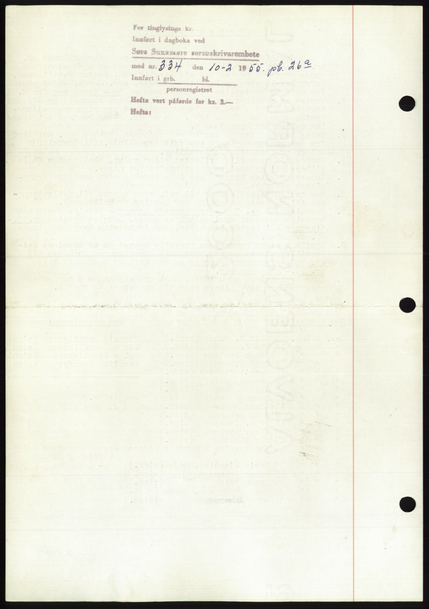 Søre Sunnmøre sorenskriveri, AV/SAT-A-4122/1/2/2C/L0100: Pantebok nr. 26A, 1954-1955, Dagboknr: 334/1955