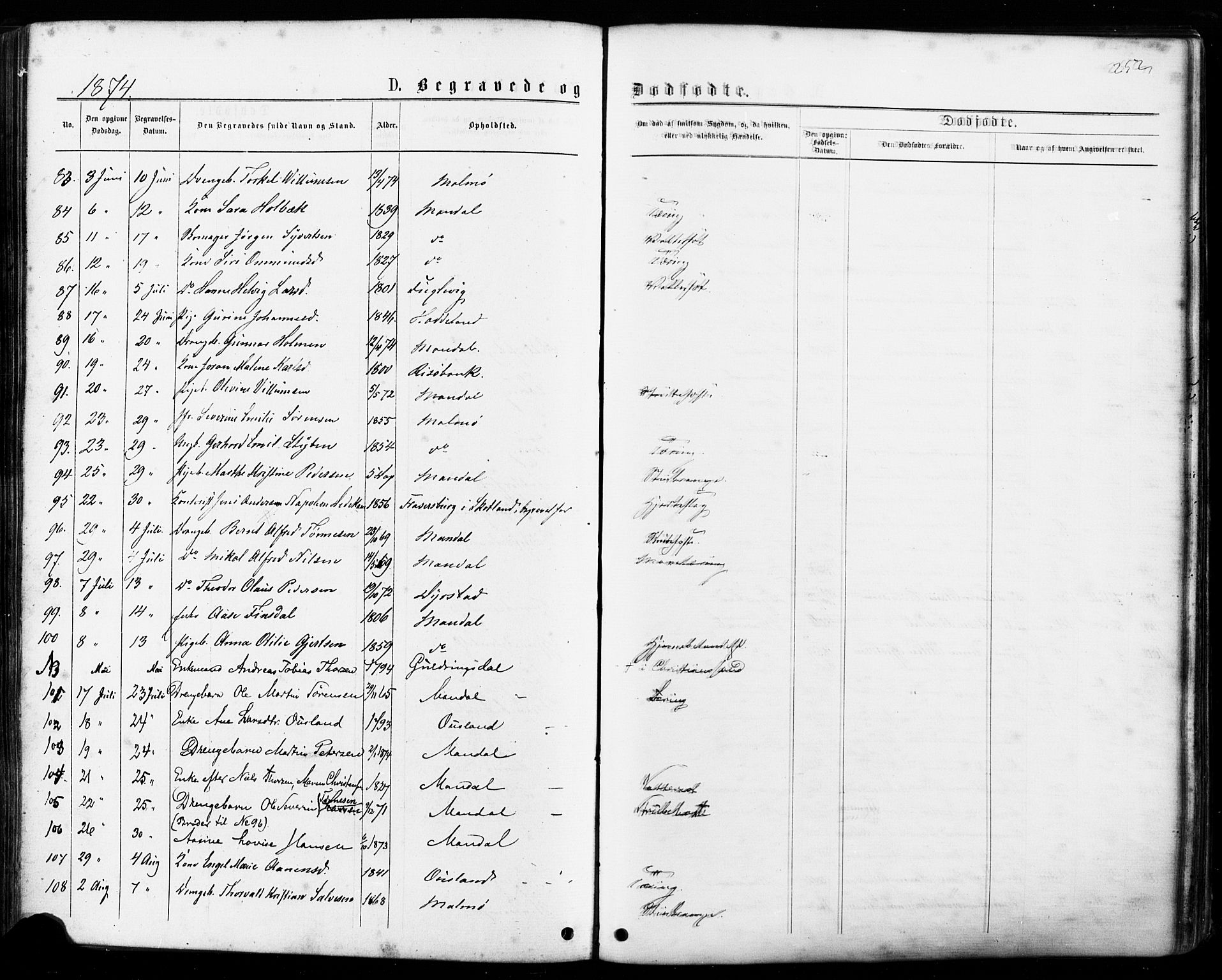 Mandal sokneprestkontor, AV/SAK-1111-0030/F/Fa/Faa/L0015: Ministerialbok nr. A 15, 1873-1879, s. 252