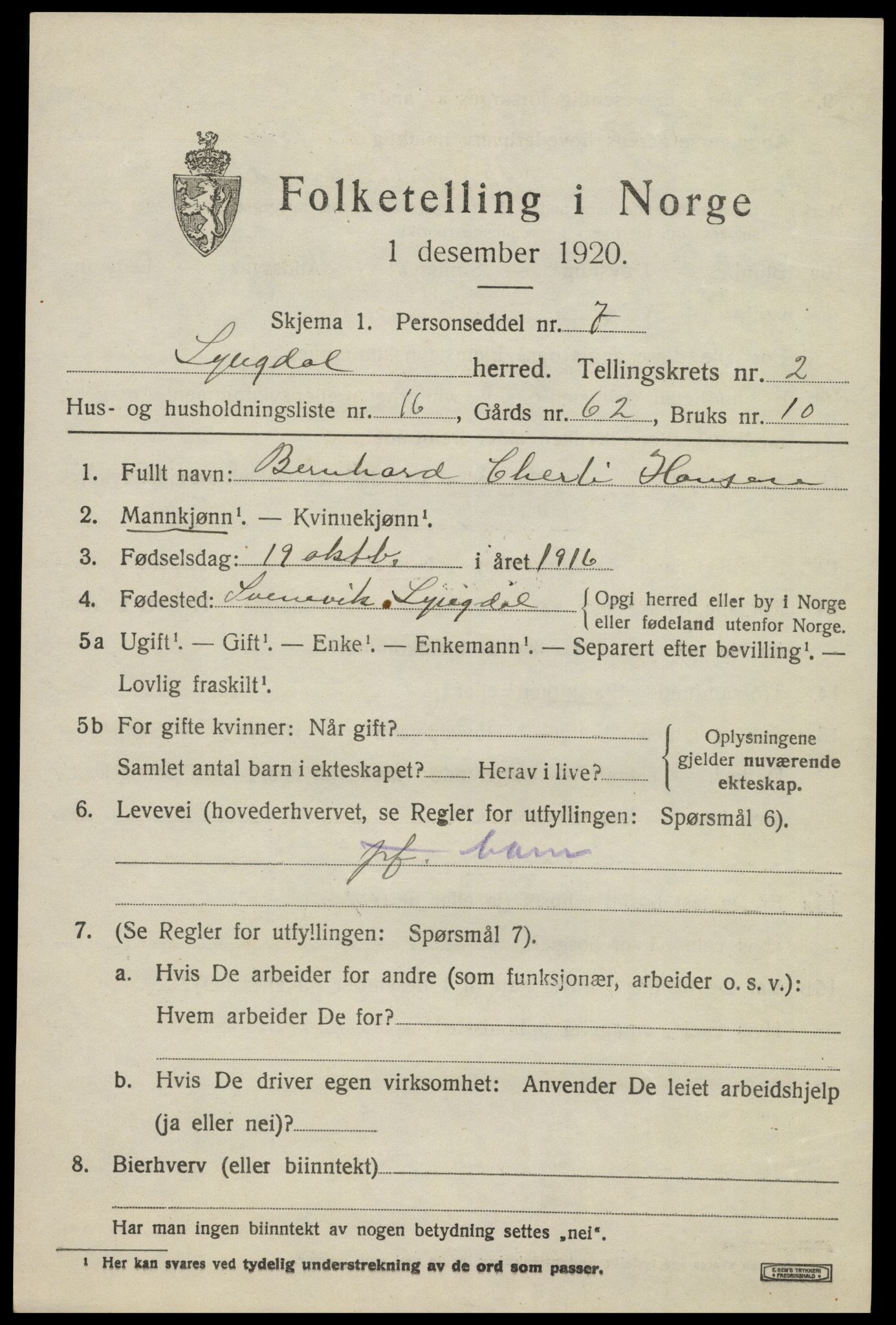 SAK, Folketelling 1920 for 1032 Lyngdal herred, 1920, s. 1731