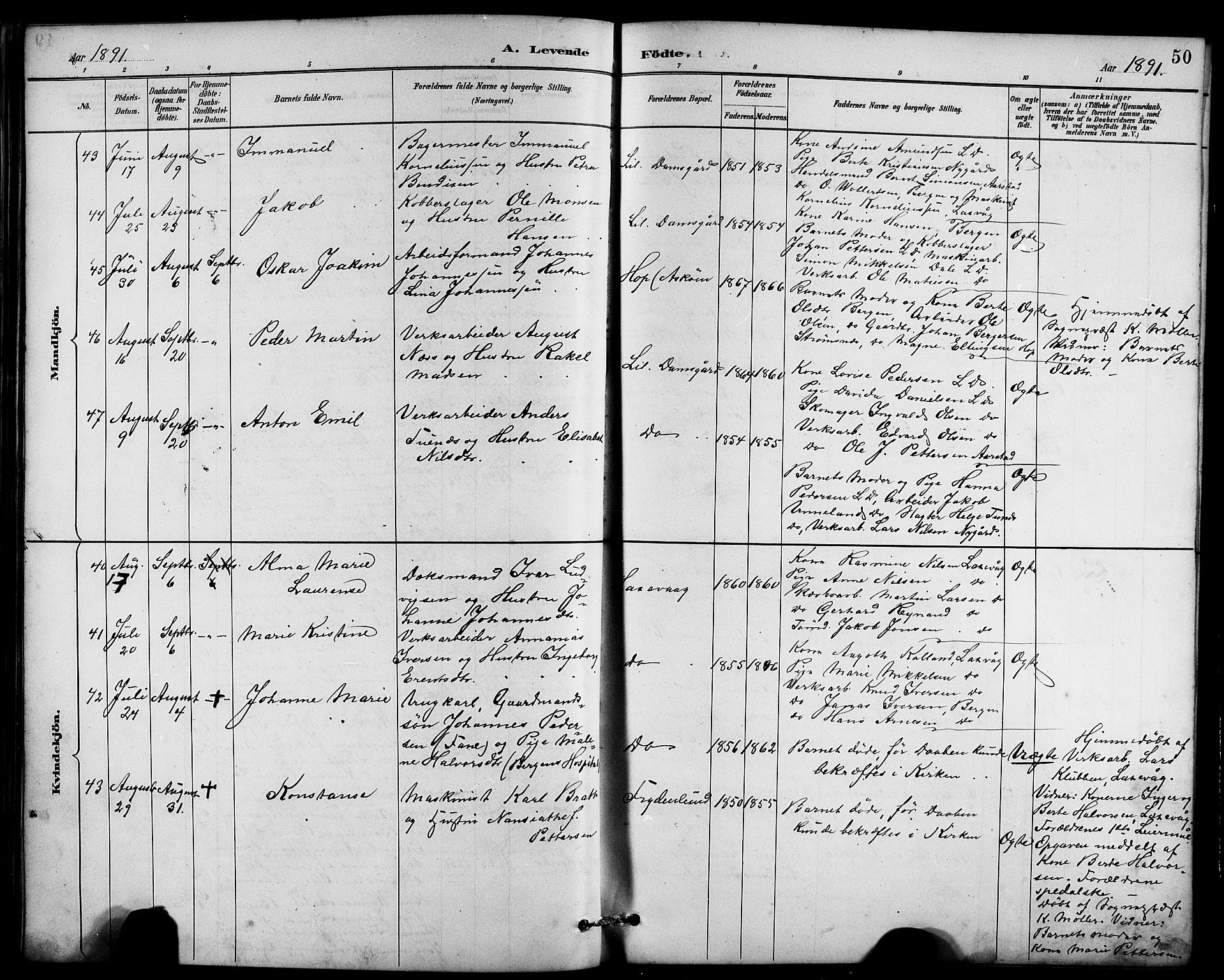 Laksevåg Sokneprestembete, AV/SAB-A-76501/H/Ha/Hab/Haba/L0003: Klokkerbok nr. A 3, 1887-1899, s. 50