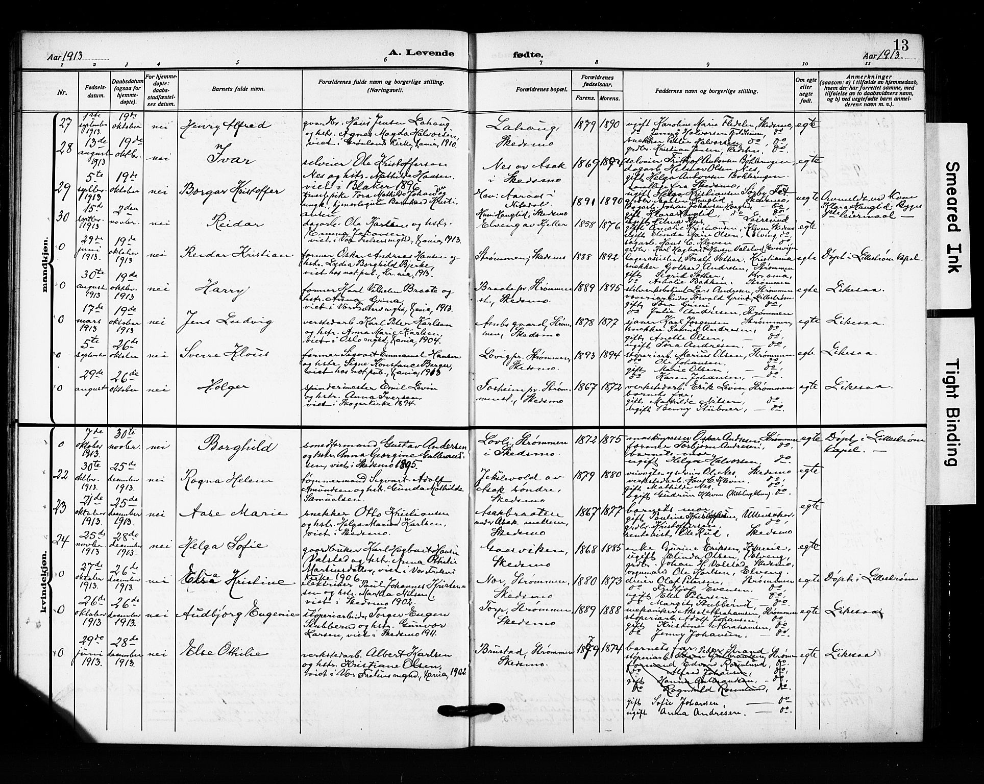 Skedsmo prestekontor Kirkebøker, AV/SAO-A-10033a/G/Ga/L0006: Klokkerbok nr. I 6, 1912-1926, s. 13