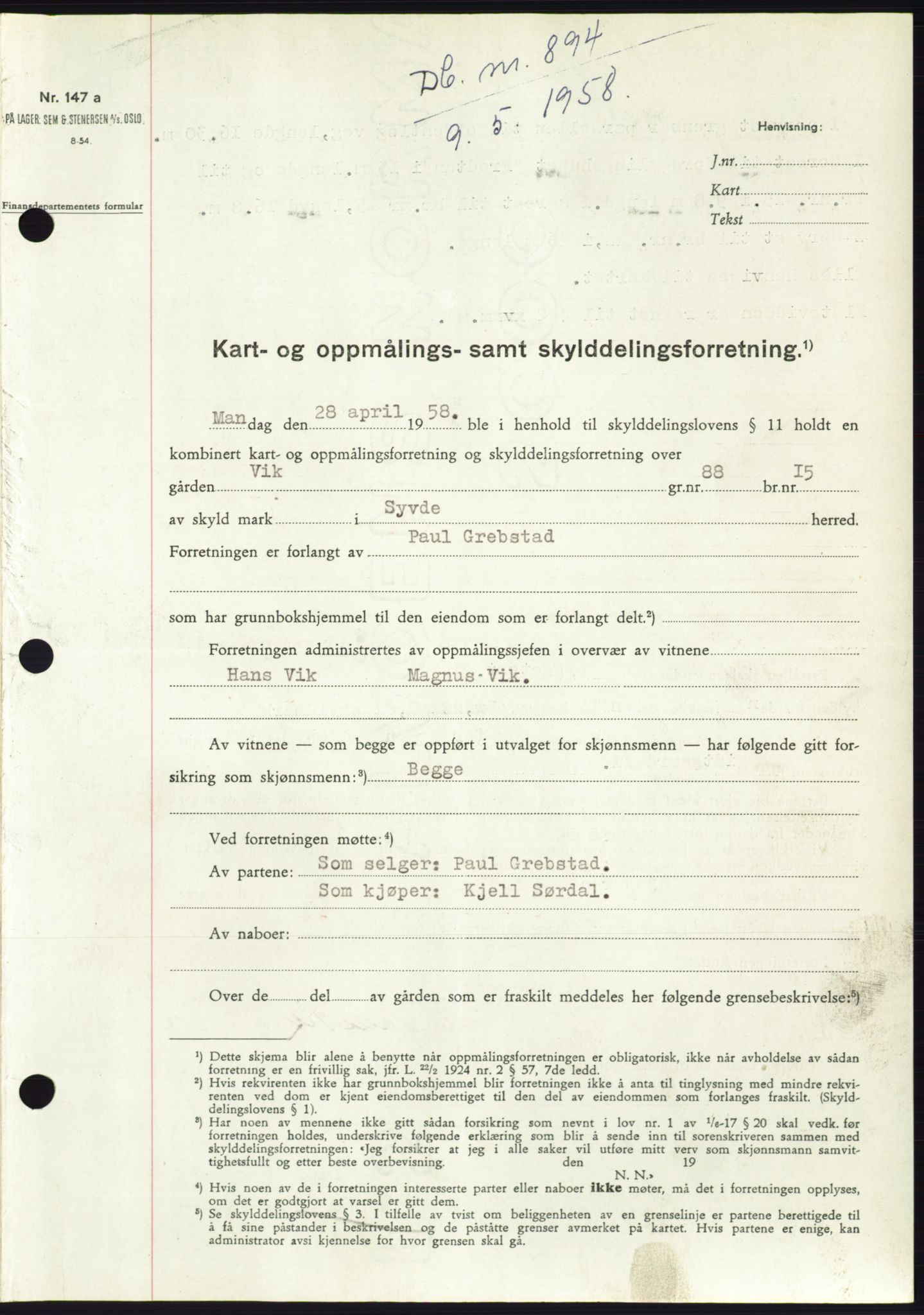 Søre Sunnmøre sorenskriveri, SAT/A-4122/1/2/2C/L0109: Pantebok nr. 35A, 1958-1958, Dagboknr: 894/1958