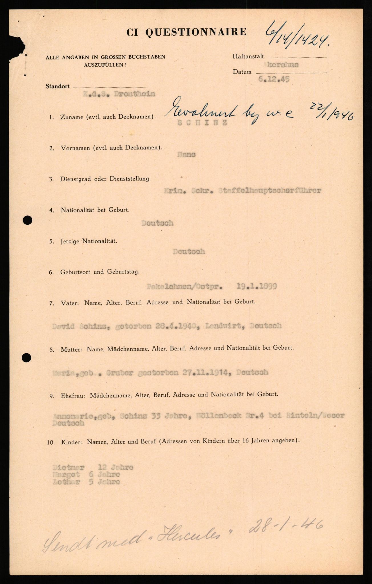 Forsvaret, Forsvarets overkommando II, RA/RAFA-3915/D/Db/L0029: CI Questionaires. Tyske okkupasjonsstyrker i Norge. Tyskere., 1945-1946, s. 203