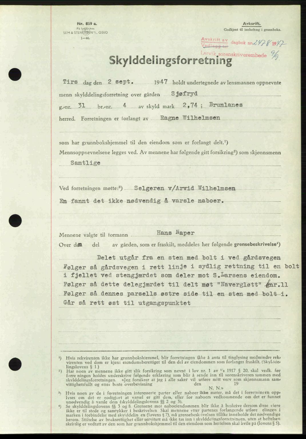Larvik sorenskriveri, SAKO/A-83/G/Ga/Gab/L0085: Pantebok nr. A-19, 1947-1948, Dagboknr: 2478/1947