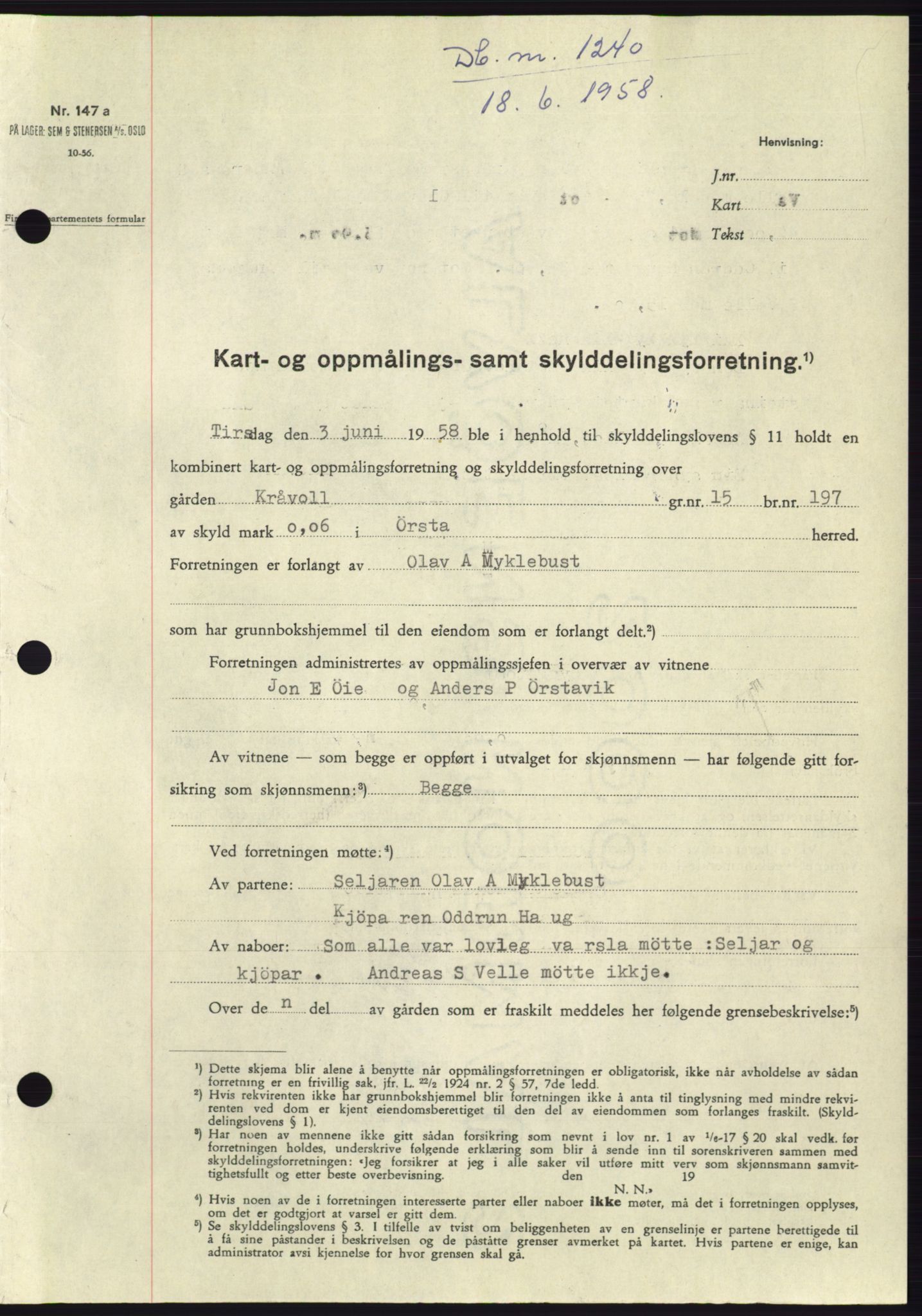 Søre Sunnmøre sorenskriveri, SAT/A-4122/1/2/2C/L0109: Pantebok nr. 35A, 1958-1958, Dagboknr: 1240/1958