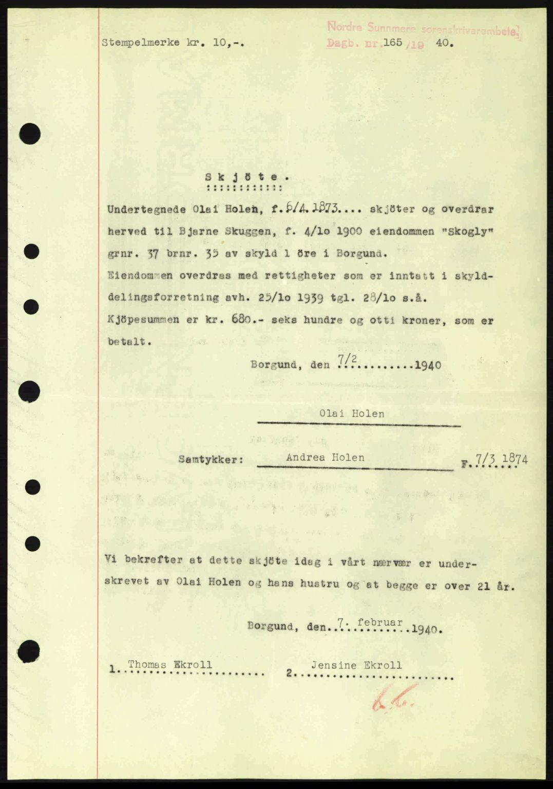 Nordre Sunnmøre sorenskriveri, AV/SAT-A-0006/1/2/2C/2Ca: Pantebok nr. A8, 1939-1940, Dagboknr: 165/1940