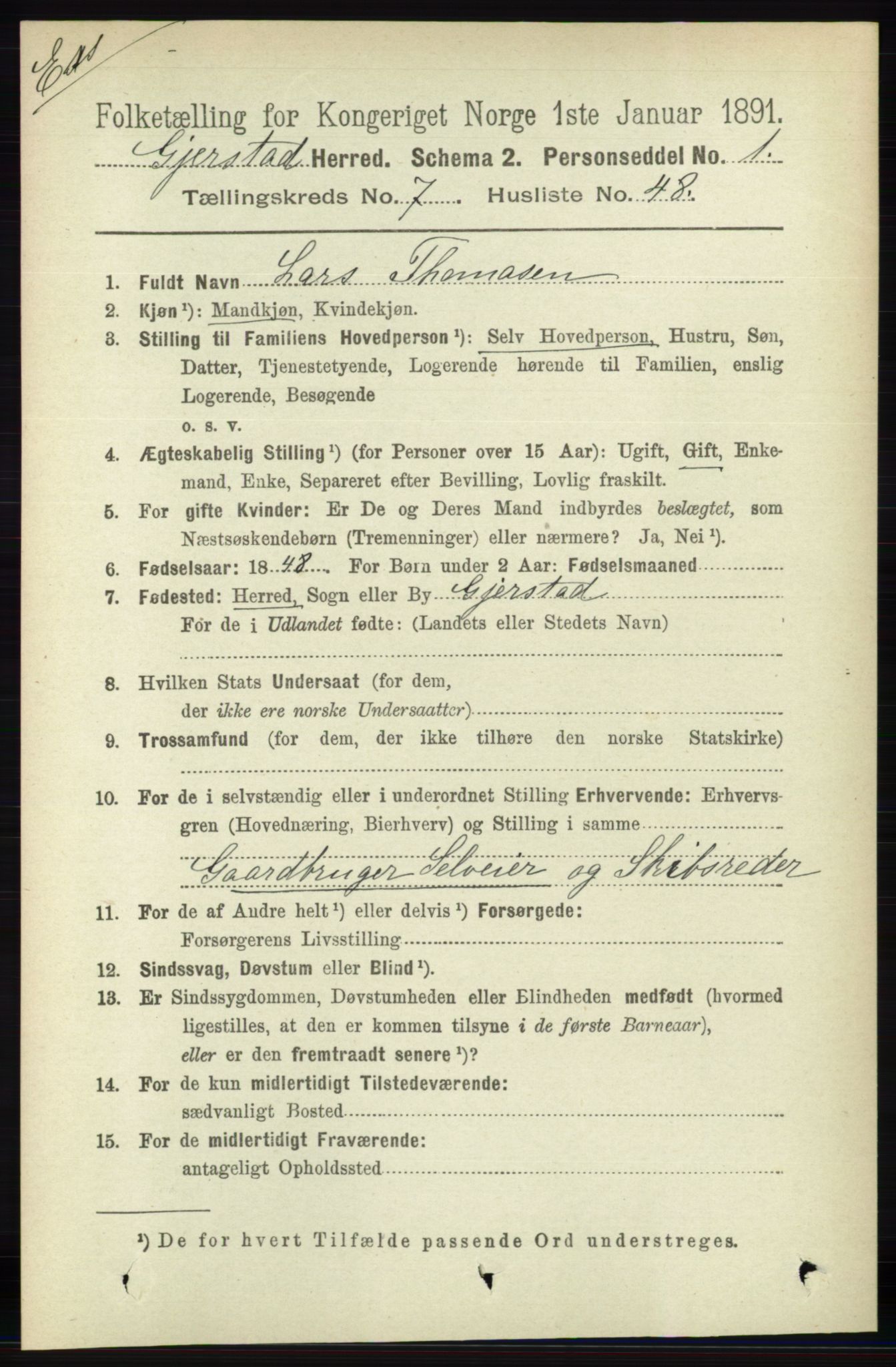 RA, Folketelling 1891 for Nedenes amt: Gjenparter av personsedler for beslektede ektefeller, menn, 1891, s. 101