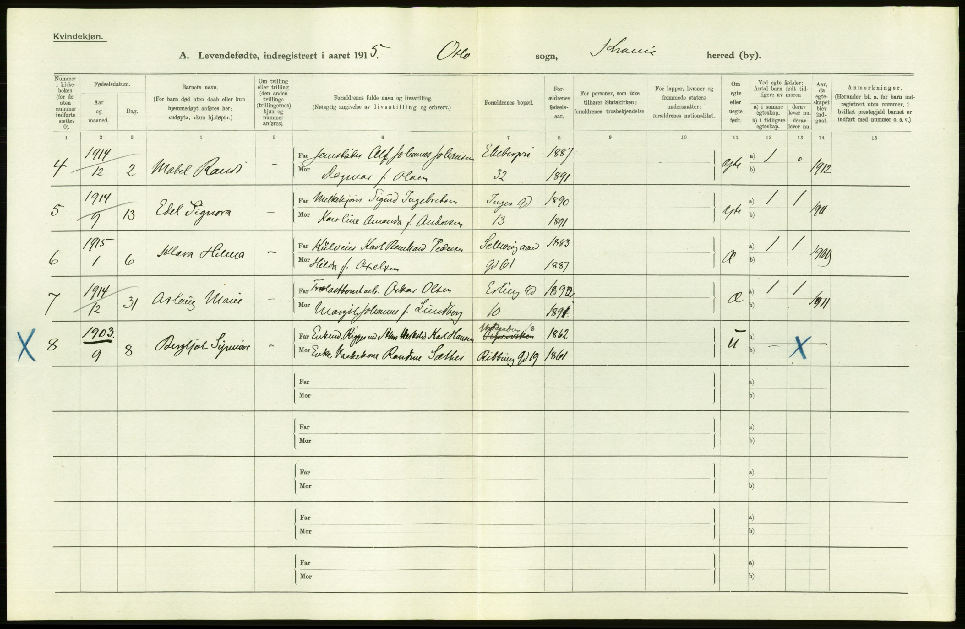 Statistisk sentralbyrå, Sosiodemografiske emner, Befolkning, AV/RA-S-2228/D/Df/Dfb/Dfbe/L0006: Kristiania: Levendefødte menn og kvinner., 1915, s. 144