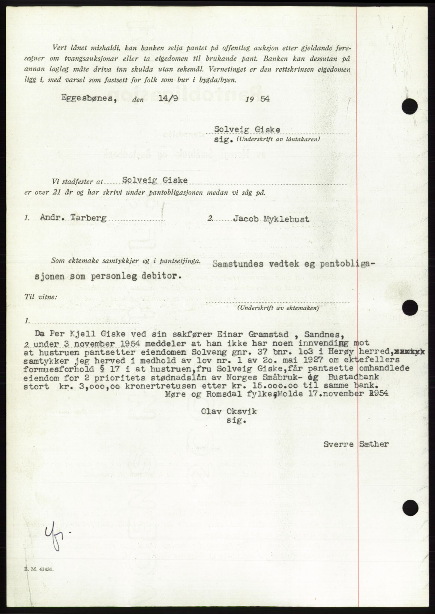 Søre Sunnmøre sorenskriveri, AV/SAT-A-4122/1/2/2C/L0126: Pantebok nr. 14B, 1954-1955, Dagboknr: 3189/1954