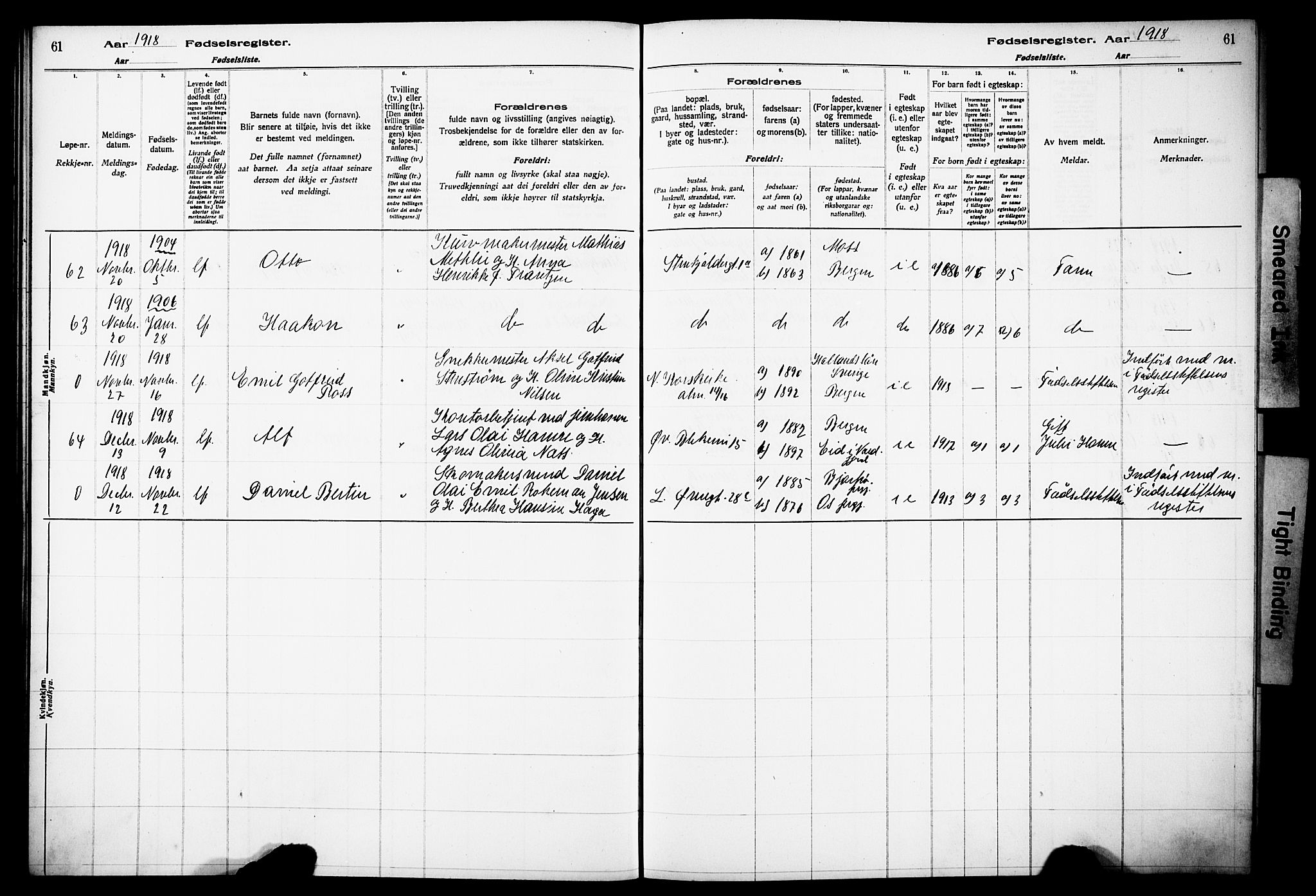 Korskirken sokneprestembete, AV/SAB-A-76101/I/Id/L00A1: Fødselsregister nr. A 1, 1916-1929, s. 61