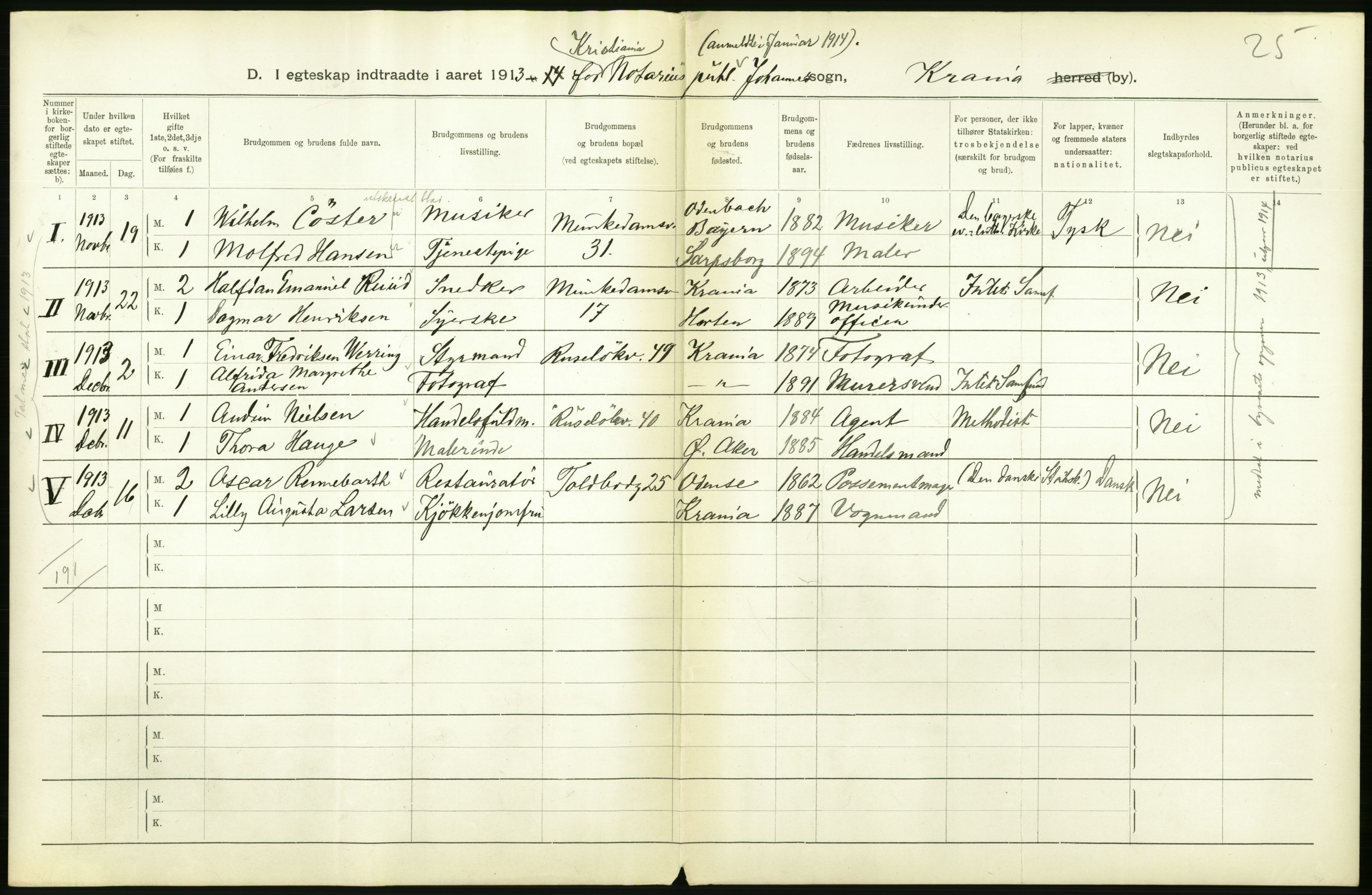 Statistisk sentralbyrå, Sosiodemografiske emner, Befolkning, RA/S-2228/D/Df/Dfb/Dfbc/L0008: Kristiania: Gifte., 1913, s. 712