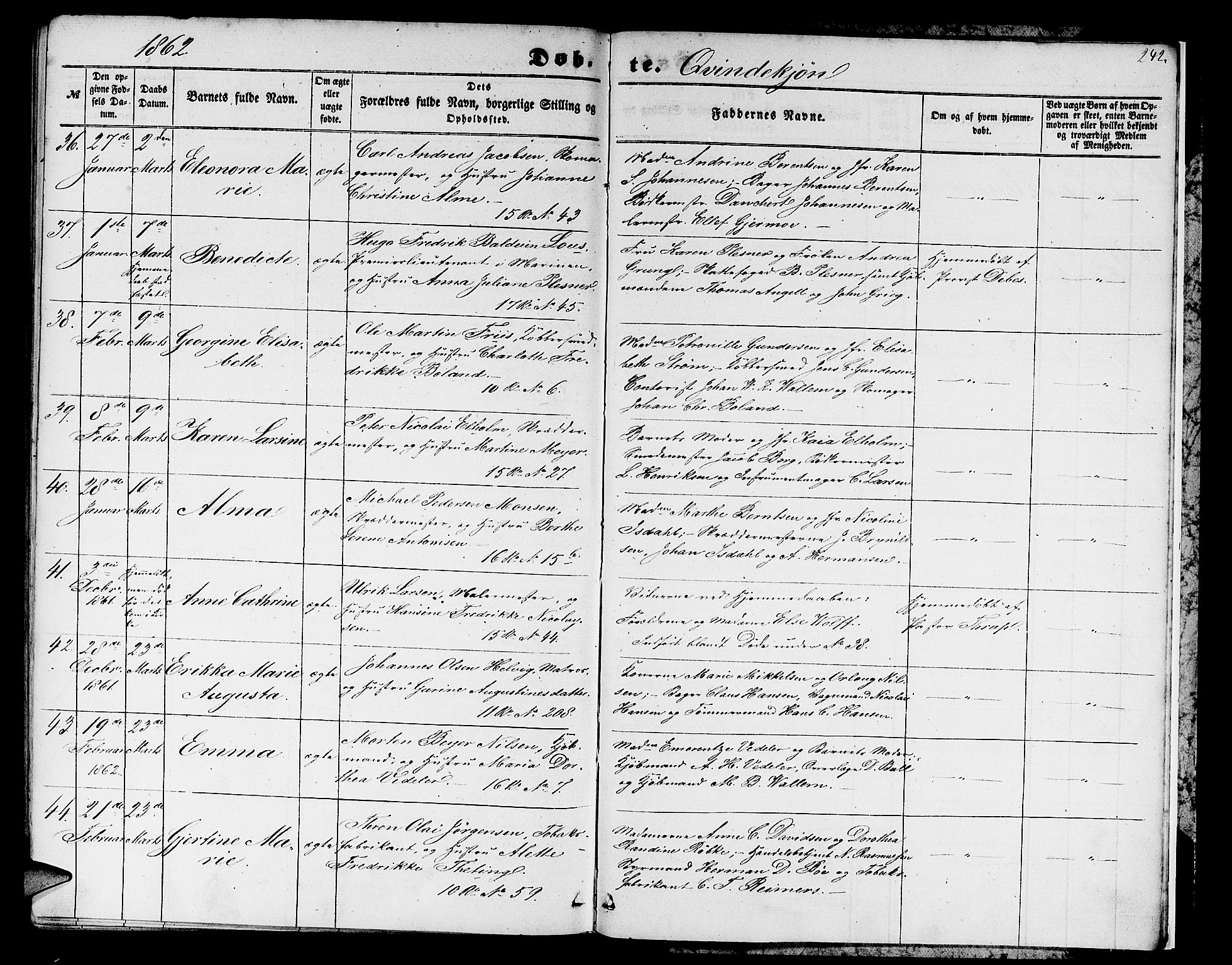 Domkirken sokneprestembete, AV/SAB-A-74801/H/Hab/L0011: Klokkerbok nr. B 4, 1856-1862, s. 242