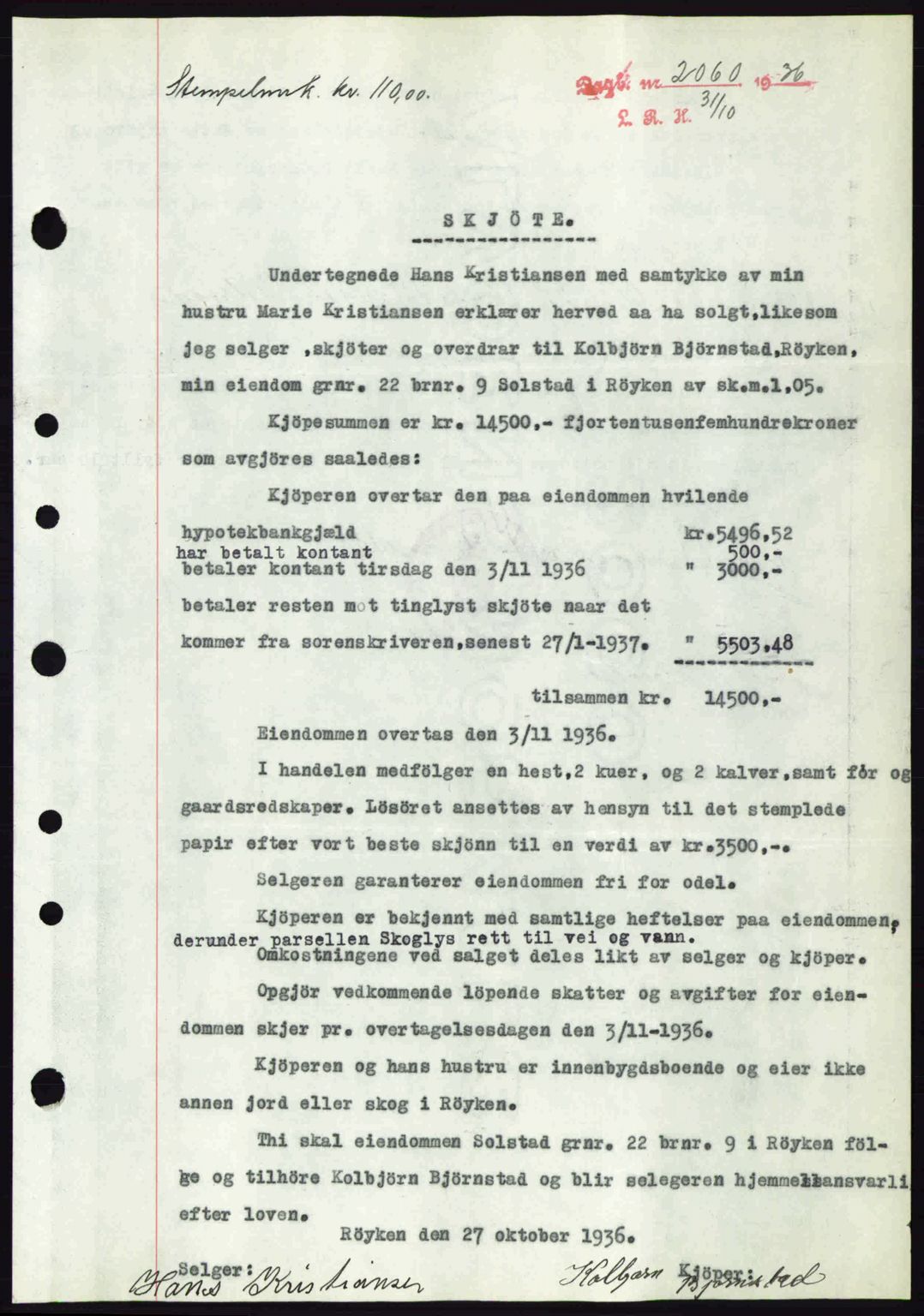 Lier, Røyken og Hurum sorenskriveri, SAKO/A-89/G/Ga/Gab/L0055: Pantebok nr. 55, 1936-1937, Dagboknr: 2060/1936