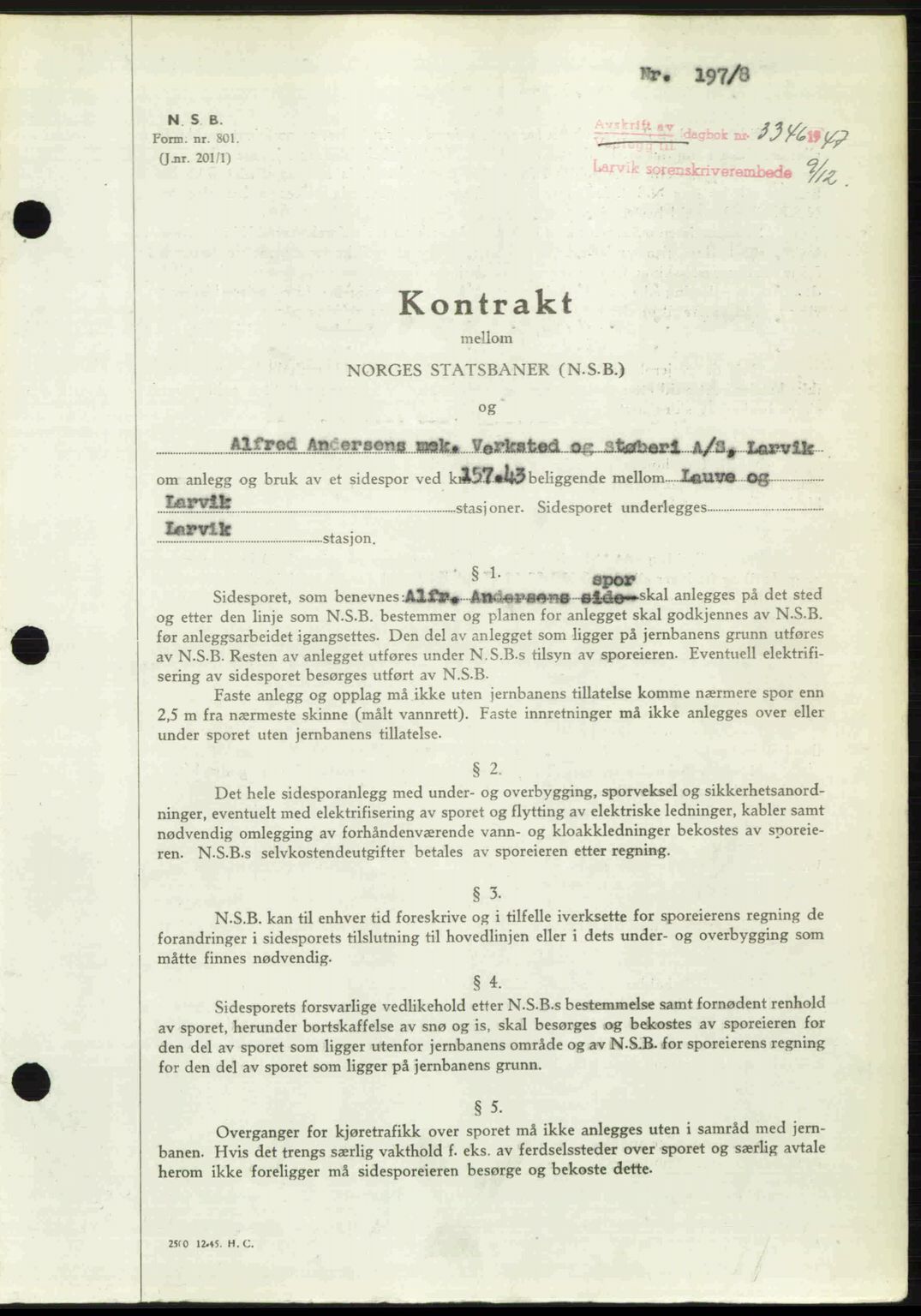 Larvik sorenskriveri, SAKO/A-83/G/Ga/Gab/L0085: Pantebok nr. A-19, 1947-1948, Dagboknr: 3346/1947