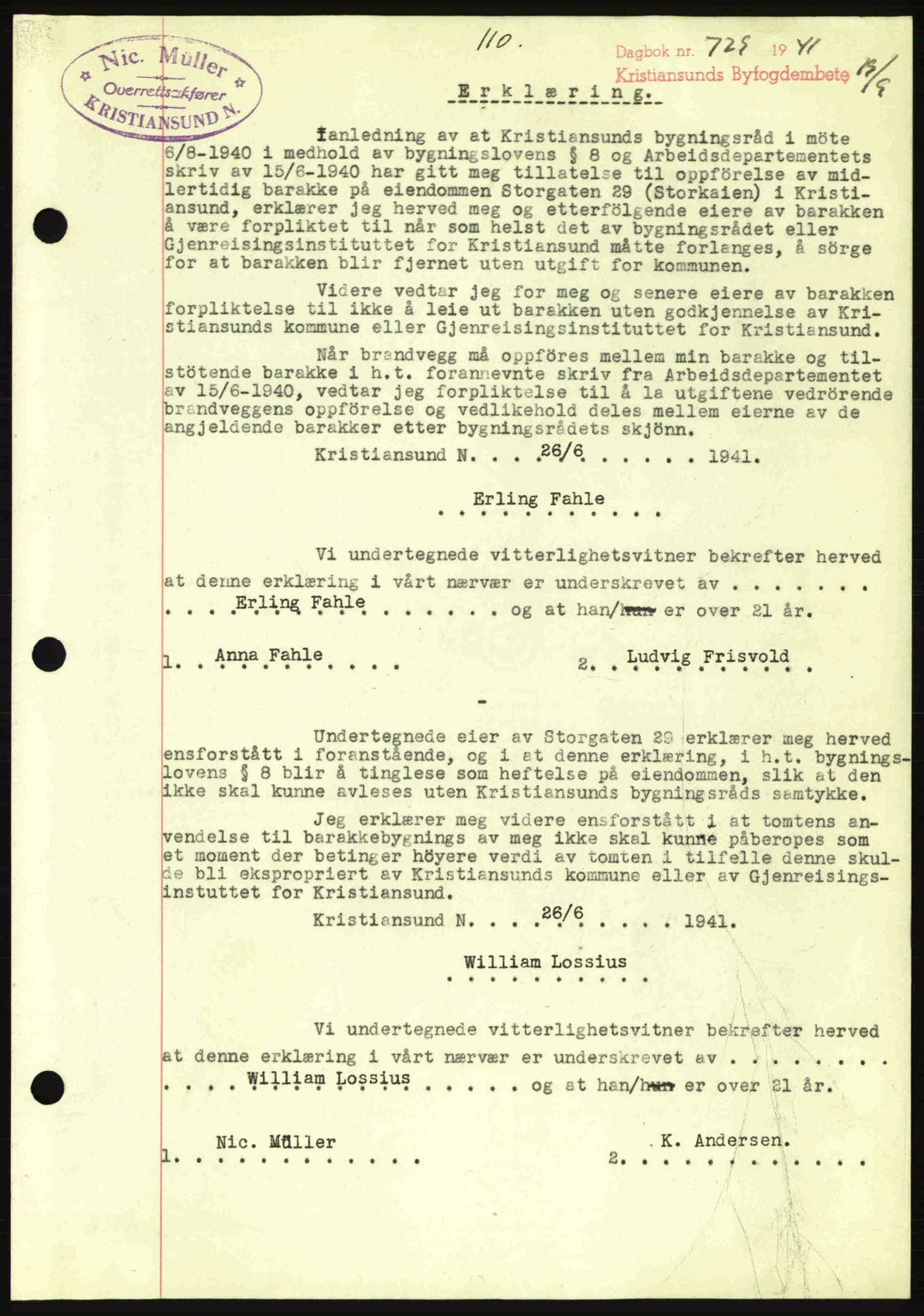 Kristiansund byfogd, AV/SAT-A-4587/A/27: Pantebok nr. 35, 1941-1942, Dagboknr: 729/1941