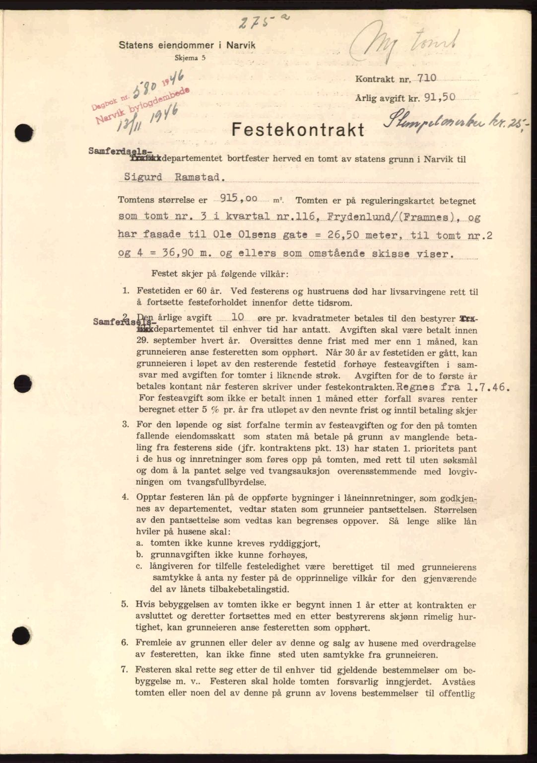 Narvik sorenskriveri, SAT/A-0002/1/2/2C/2Ca: Pantebok nr. A21, 1946-1947, Dagboknr: 580/1946