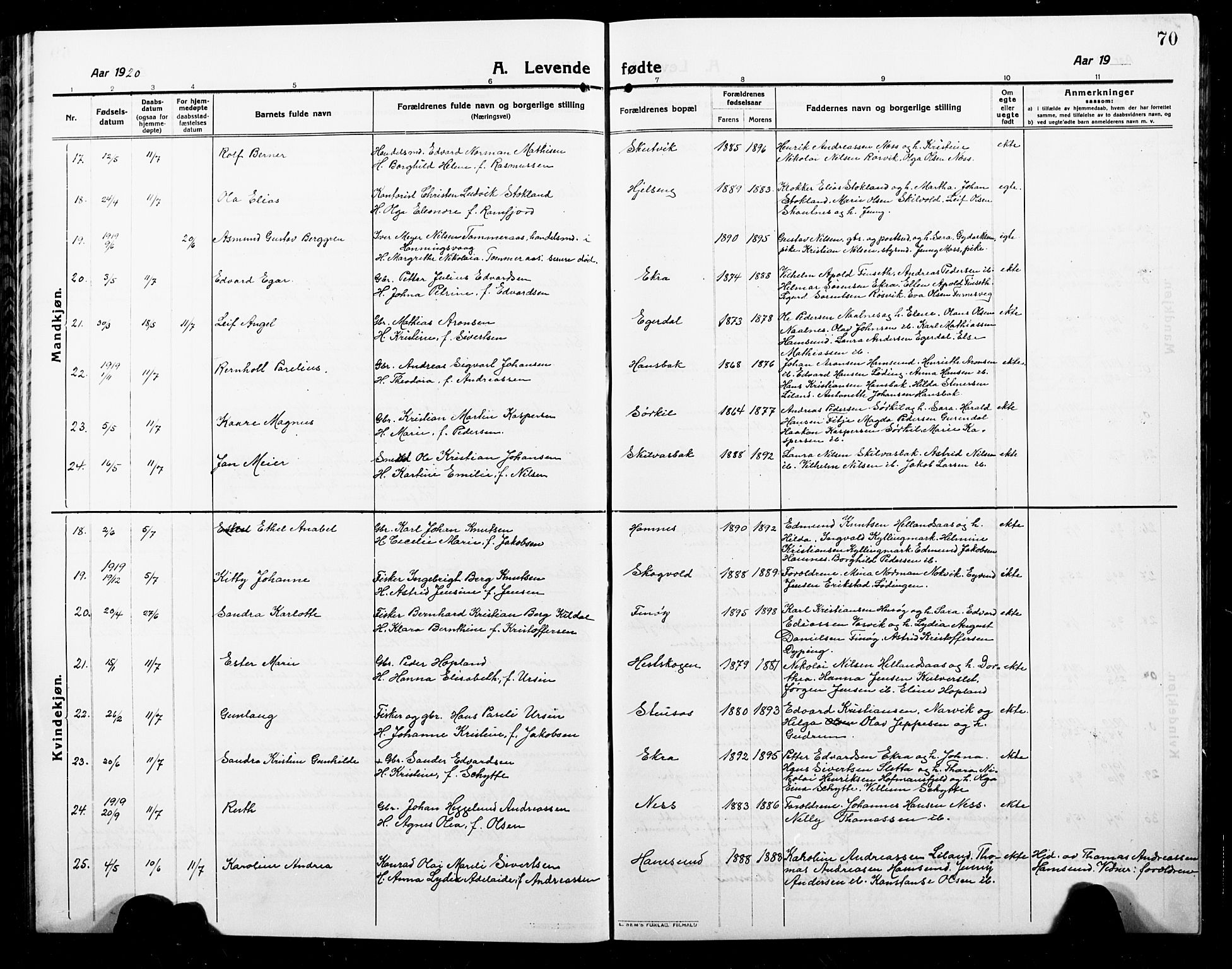 Ministerialprotokoller, klokkerbøker og fødselsregistre - Nordland, SAT/A-1459/859/L0861: Klokkerbok nr. 859C07, 1910-1925, s. 70