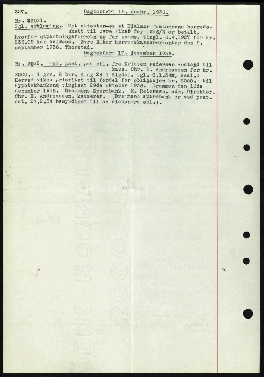 Eiker, Modum og Sigdal sorenskriveri, SAKO/A-123/G/Ga/Gab/L0034: Pantebok nr. A4, 1936-1937, Dagboknr: 3021/1936