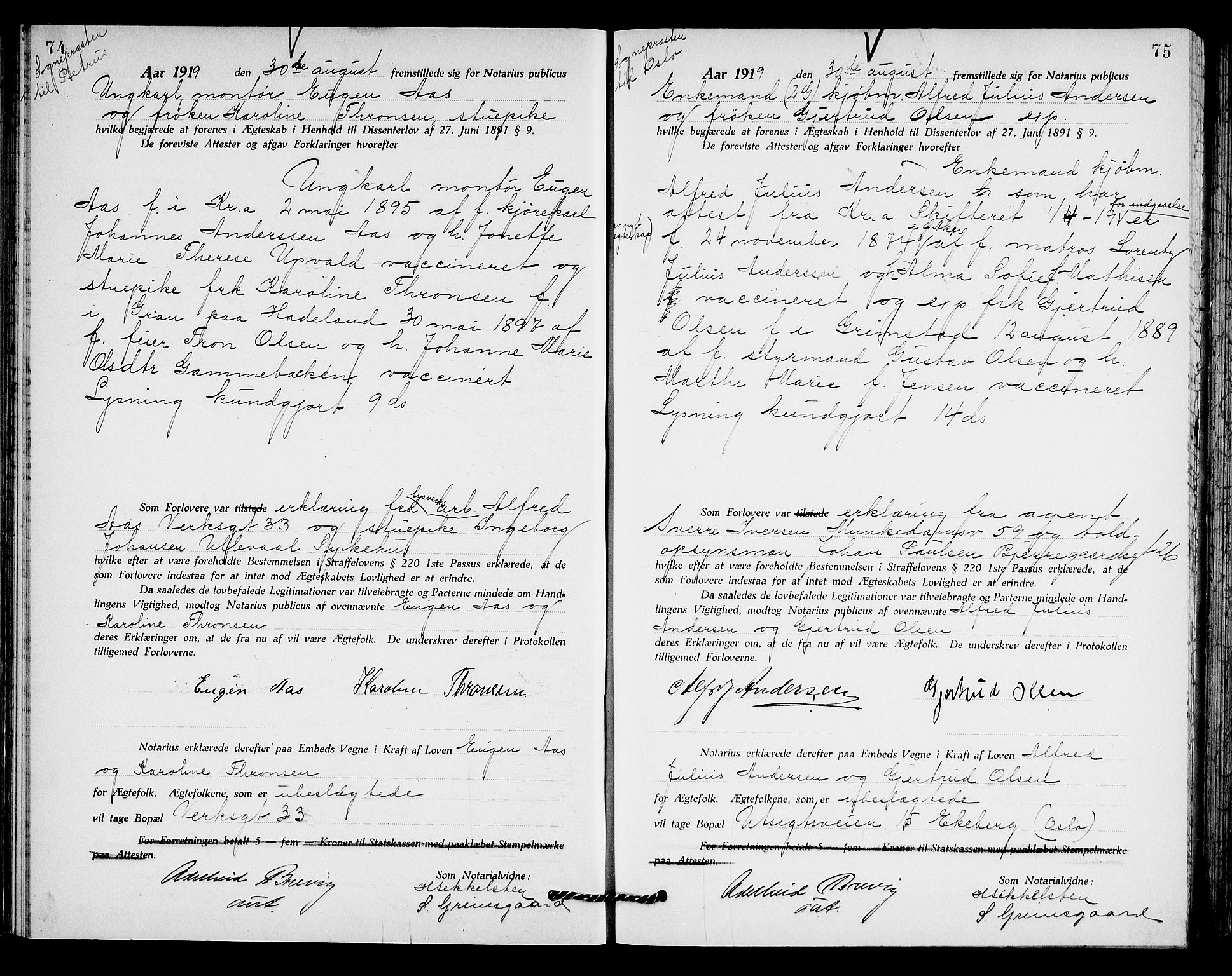Oslo byfogd avd. I, AV/SAO-A-10220/L/Lb/Lbb/L0013: Notarialprotokoll, rekke II: Vigsler, 1919-1920, s. 74-75