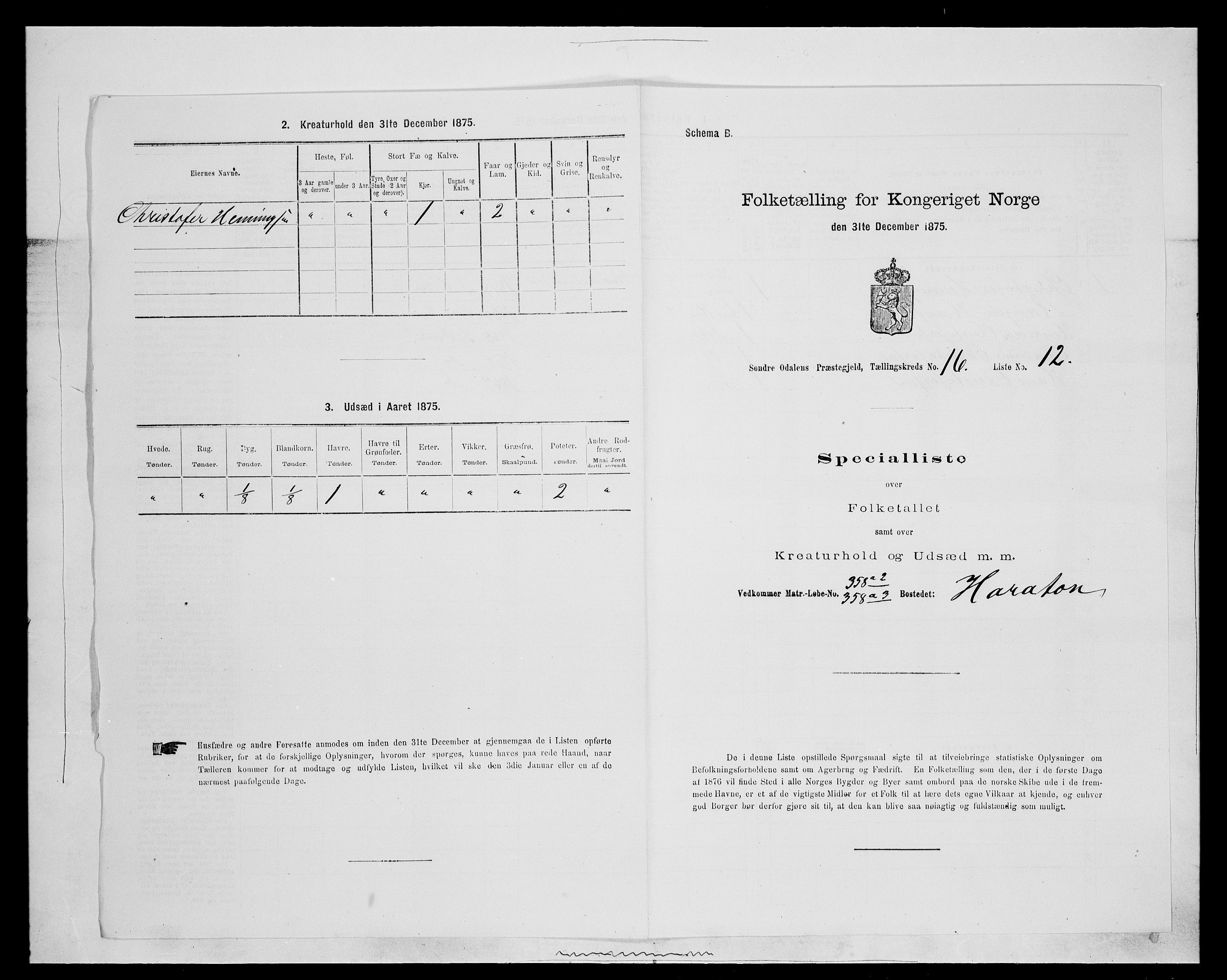 SAH, Folketelling 1875 for 0419P Sør-Odal prestegjeld, 1875, s. 1449