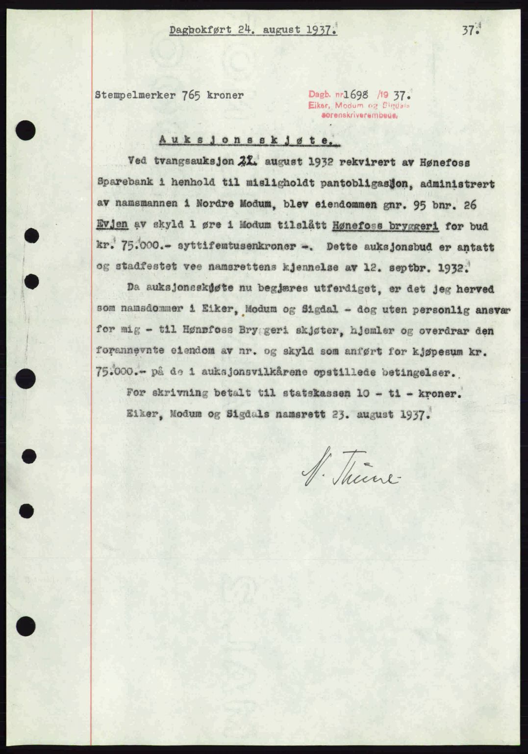 Eiker, Modum og Sigdal sorenskriveri, SAKO/A-123/G/Ga/Gab/L0036: Pantebok nr. A6, 1937-1937, Dagboknr: 1698/1937