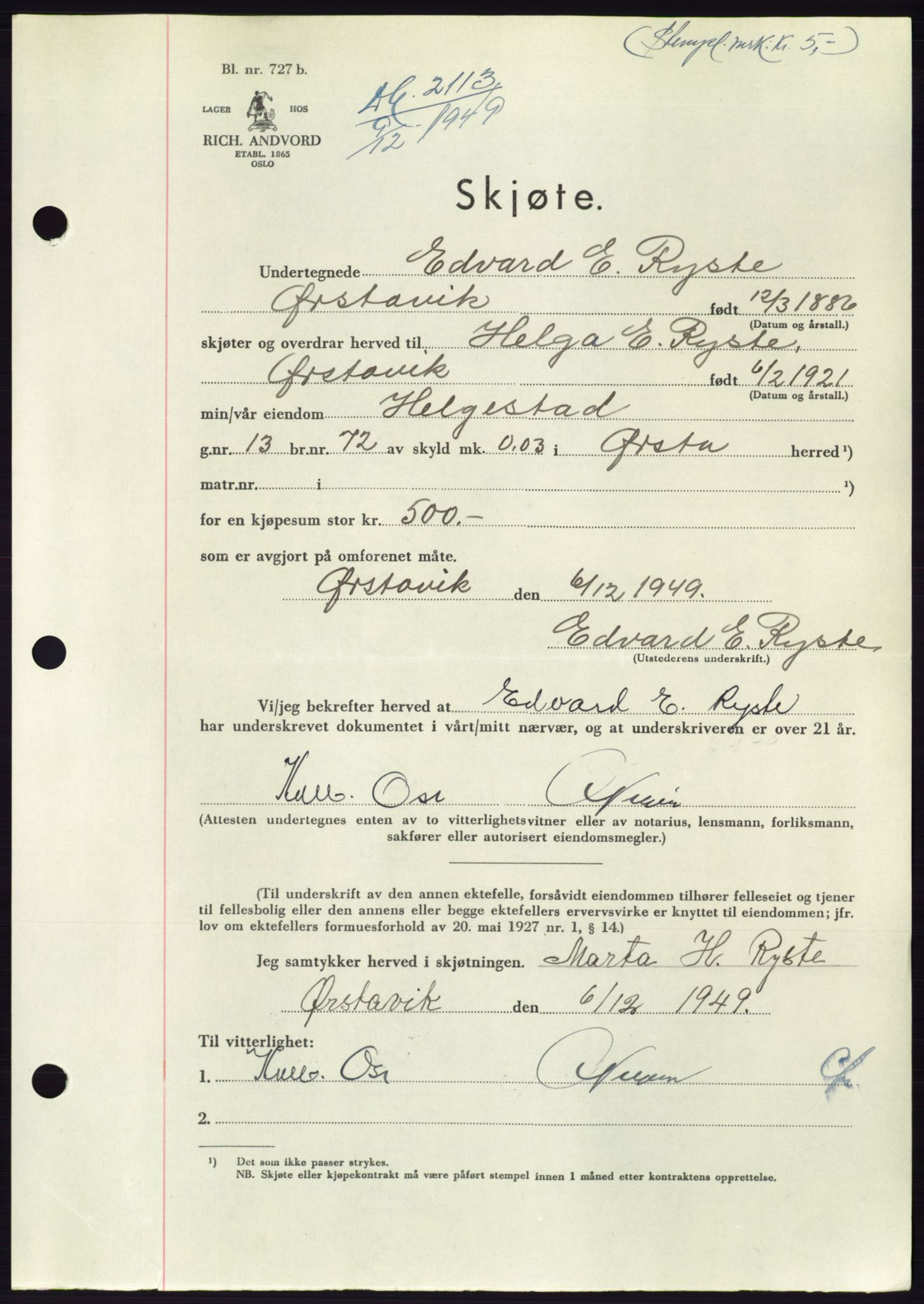 Søre Sunnmøre sorenskriveri, AV/SAT-A-4122/1/2/2C/L0085: Pantebok nr. 11A, 1949-1949, Dagboknr: 2113/1949