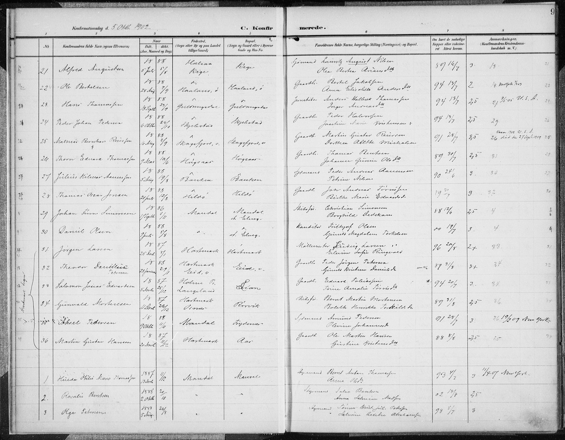 Mandal sokneprestkontor, AV/SAK-1111-0030/F/Fa/Faa/L0019: Ministerialbok nr. A 19, 1902-1912, s. 9