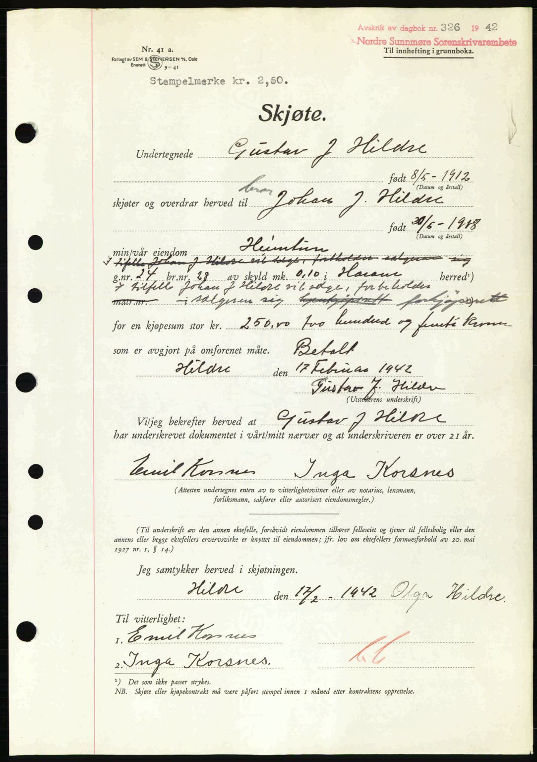 Nordre Sunnmøre sorenskriveri, AV/SAT-A-0006/1/2/2C/2Ca: Pantebok nr. A13, 1942-1942, Dagboknr: 326/1942