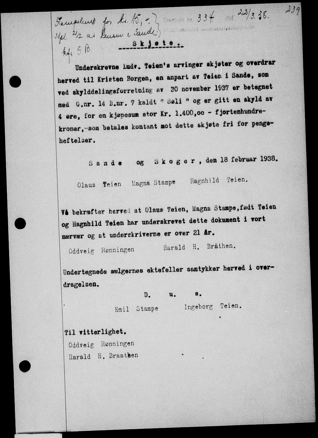 Holmestrand sorenskriveri, SAKO/A-67/G/Ga/Gaa/L0049: Pantebok nr. A-49, 1937-1938, Dagboknr: 334/1938