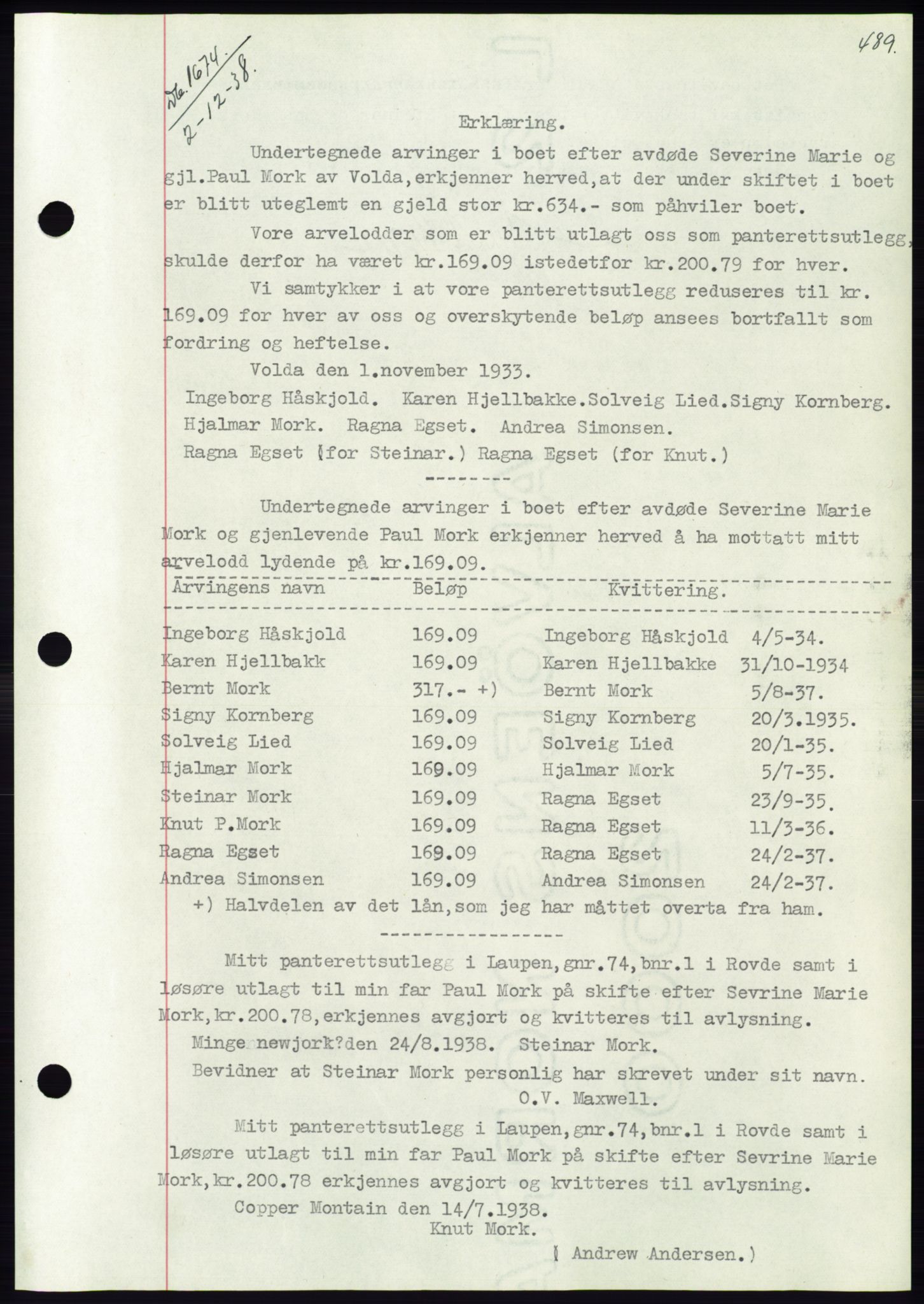 Søre Sunnmøre sorenskriveri, AV/SAT-A-4122/1/2/2C/L0066: Pantebok nr. 60, 1938-1938, Dagboknr: 1674/1938