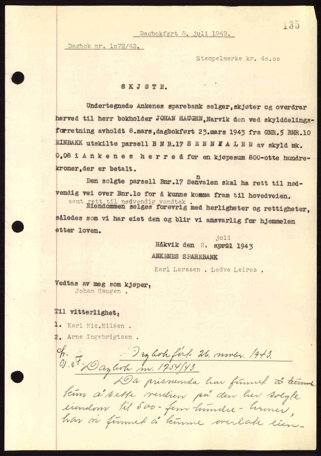 Steigen og Ofoten sorenskriveri, AV/SAT-A-0030/1/2/2C: Pantebok nr. A9-12, 1942-1946, Dagboknr: 1072/1943