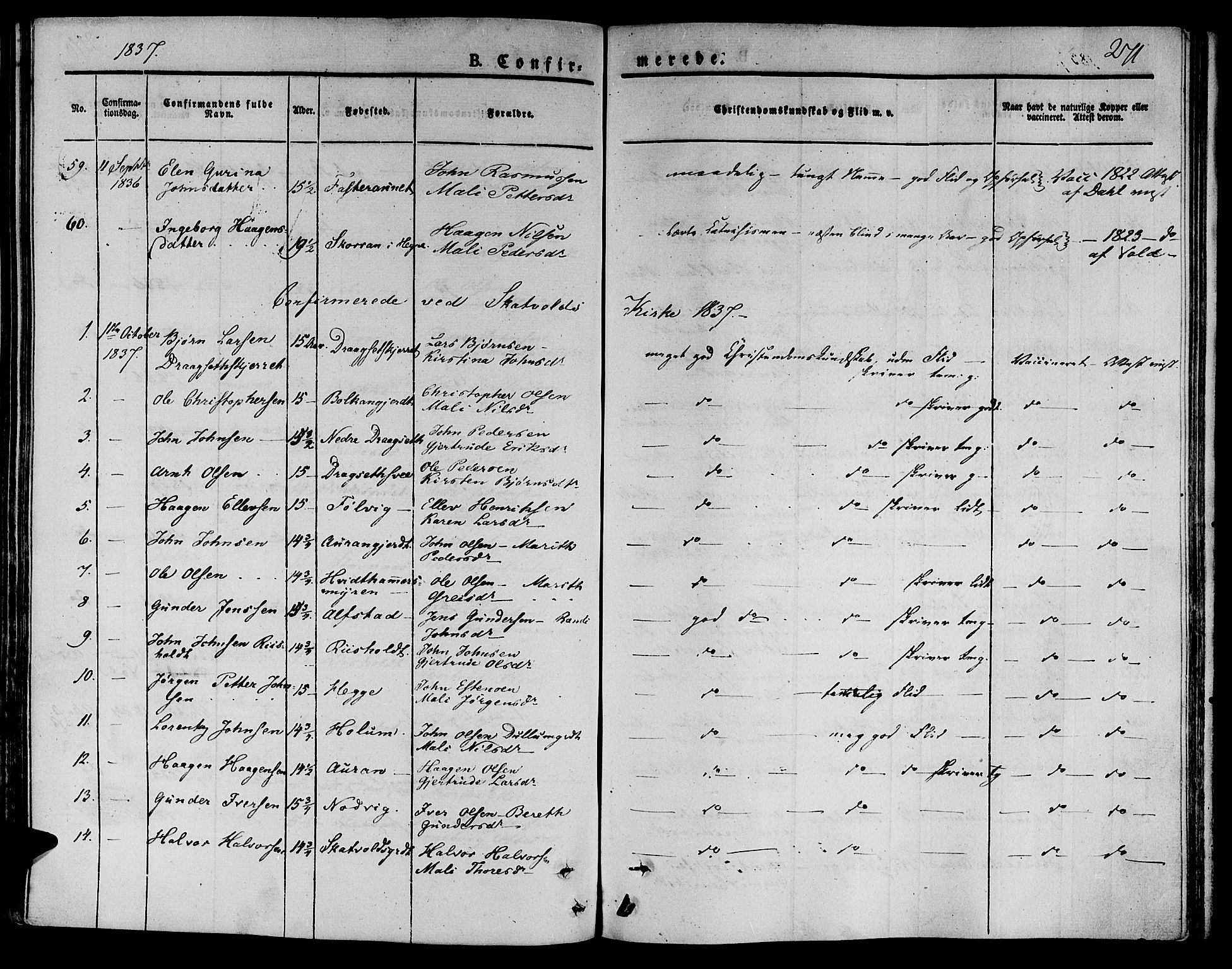 Ministerialprotokoller, klokkerbøker og fødselsregistre - Nord-Trøndelag, AV/SAT-A-1458/709/L0071: Ministerialbok nr. 709A11, 1833-1844, s. 271