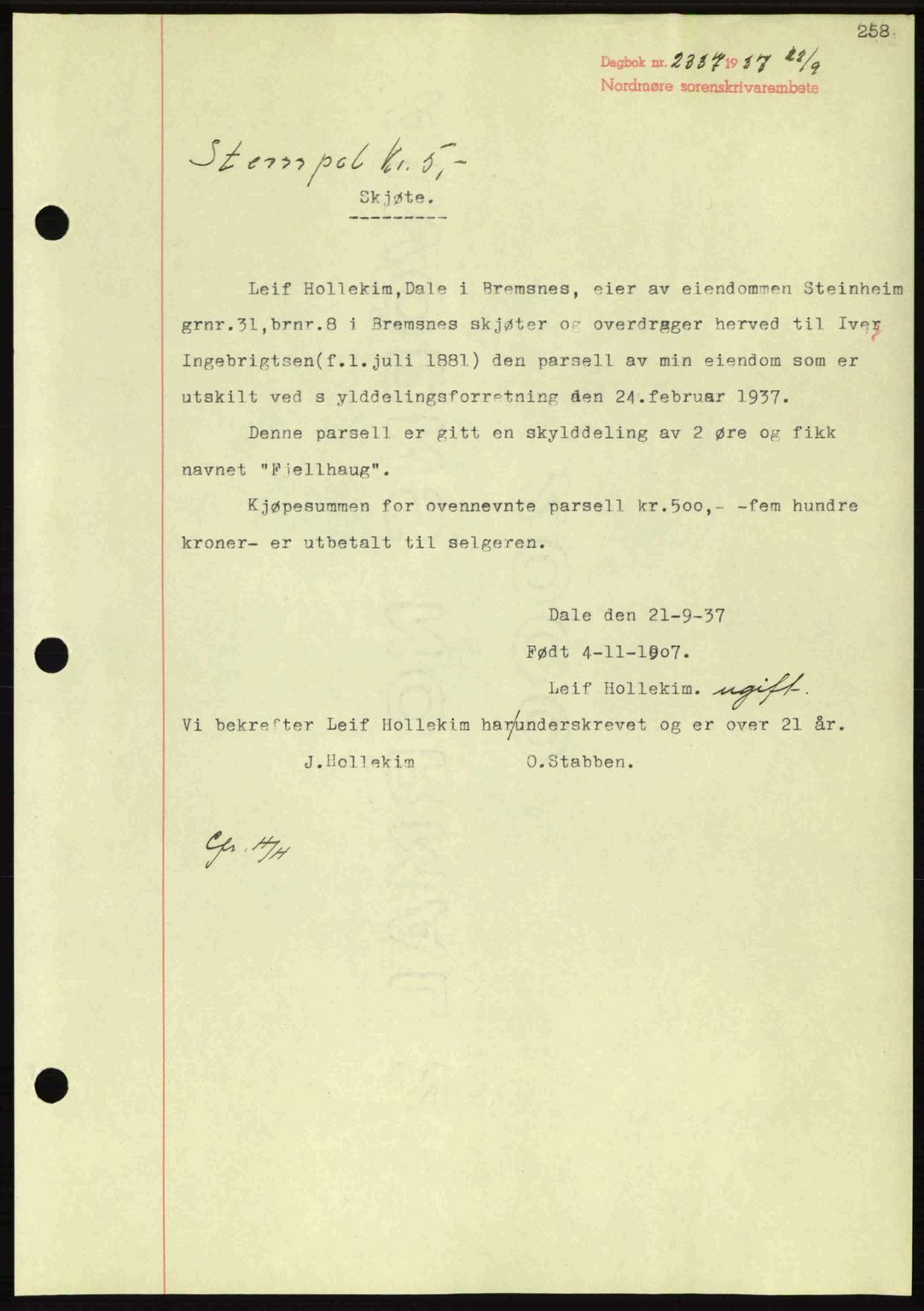 Nordmøre sorenskriveri, SAT/A-4132/1/2/2Ca: Pantebok nr. A82, 1937-1938, Dagboknr: 2337/1937