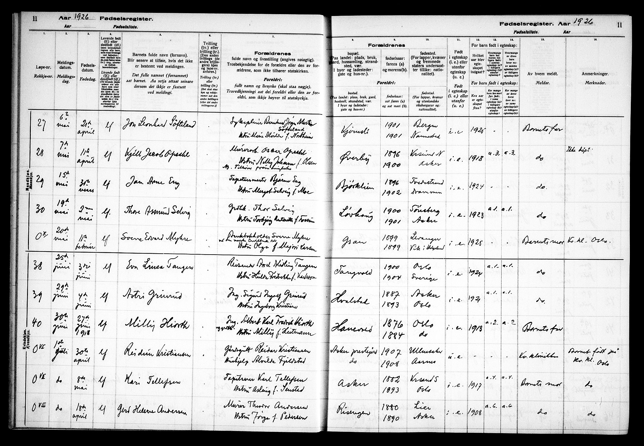 Asker prestekontor Kirkebøker, SAO/A-10256a/J/L0002: Fødselsregister nr. 2, 1925-1938, s. 11