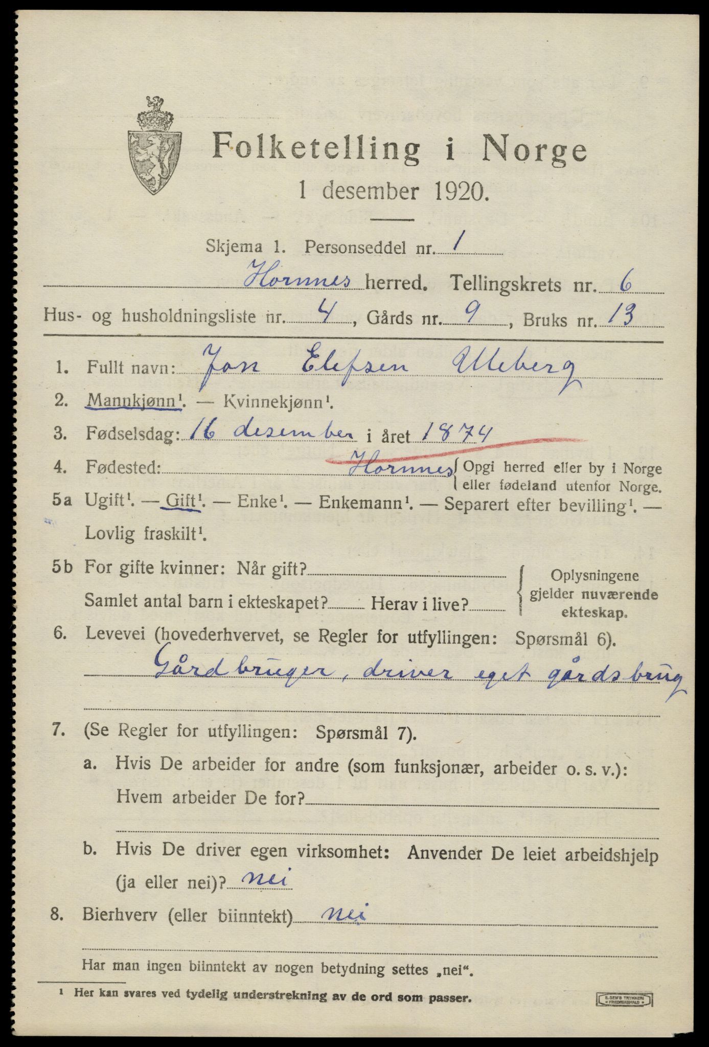 SAK, Folketelling 1920 for 0936 Hornnes herred, 1920, s. 1587