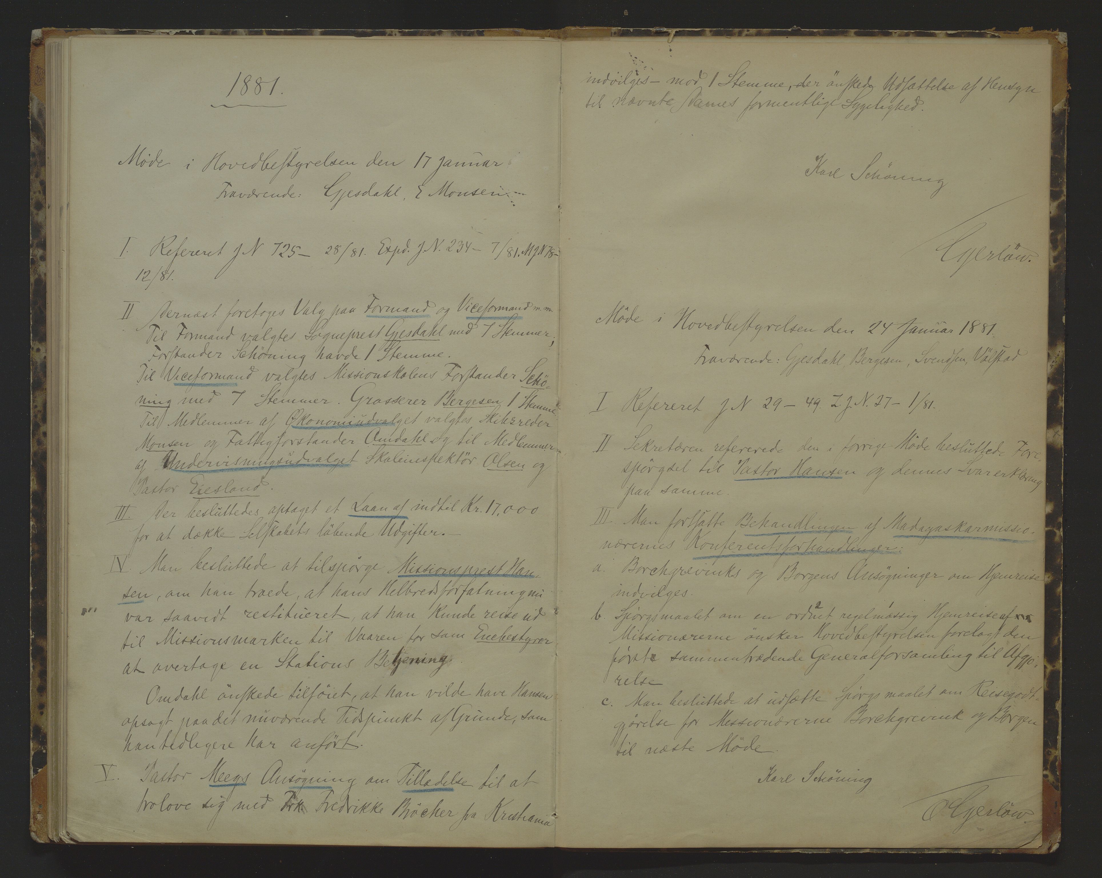 Det Norske Misjonsselskap - hovedadministrasjonen, VID/MA-A-1045/D/Da/Daa/L0009: Styreprotokoll nr. IV, 25. januar 1875 - 9. februar 1881, 1875-1881