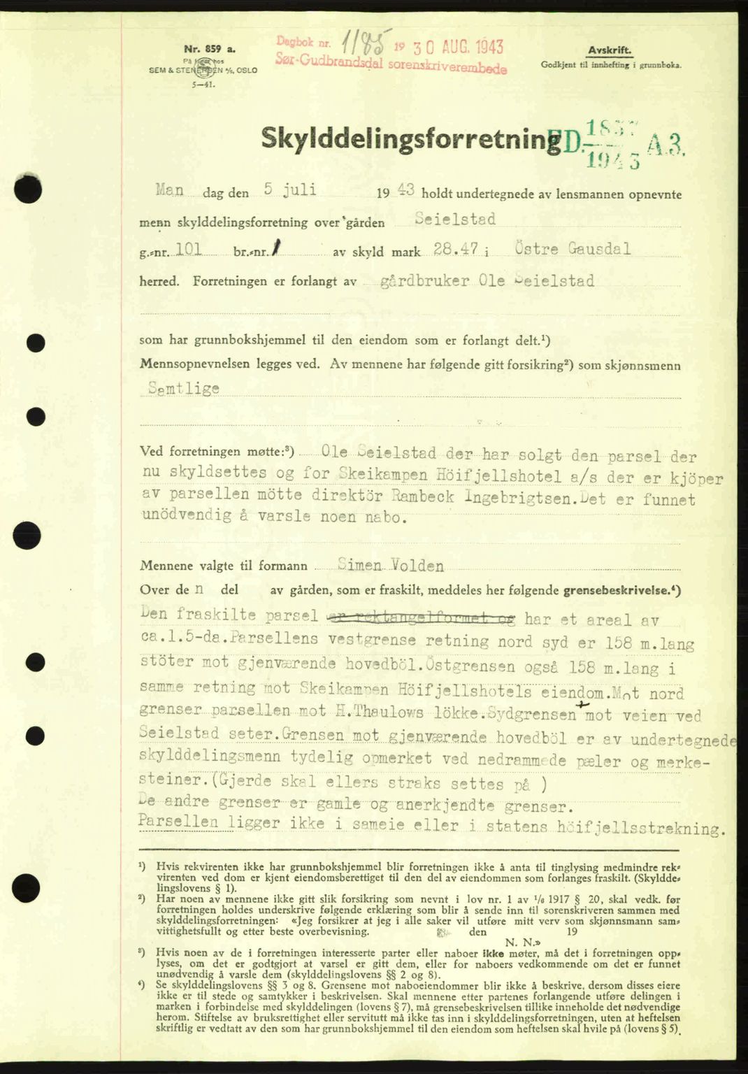Sør-Gudbrandsdal tingrett, SAH/TING-004/H/Hb/Hbd/L0012: Pantebok nr. A12, 1943-1944, Dagboknr: 1185/1943