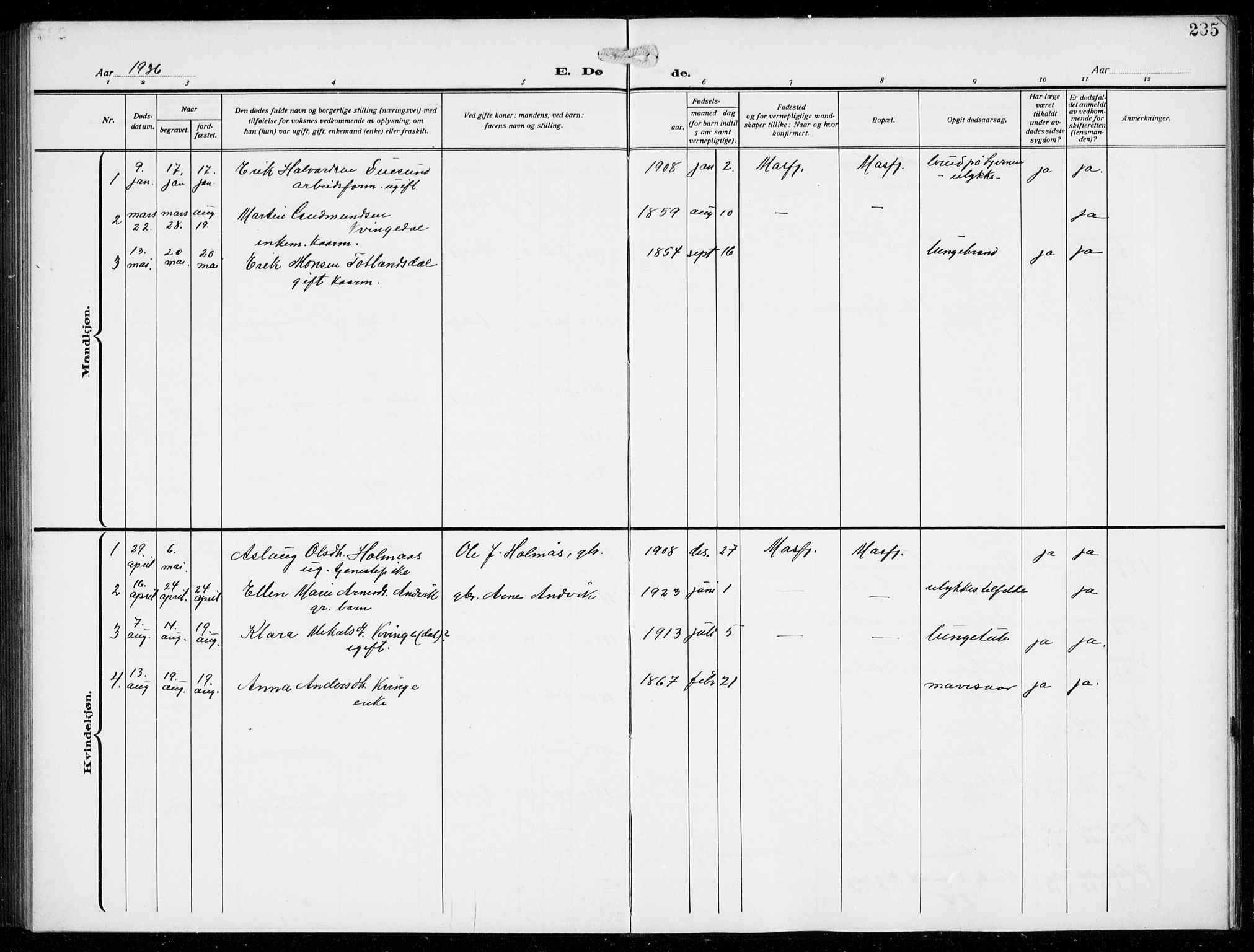 Masfjorden Sokneprestembete, SAB/A-77001: Klokkerbok nr. B  2, 1912-1939, s. 235