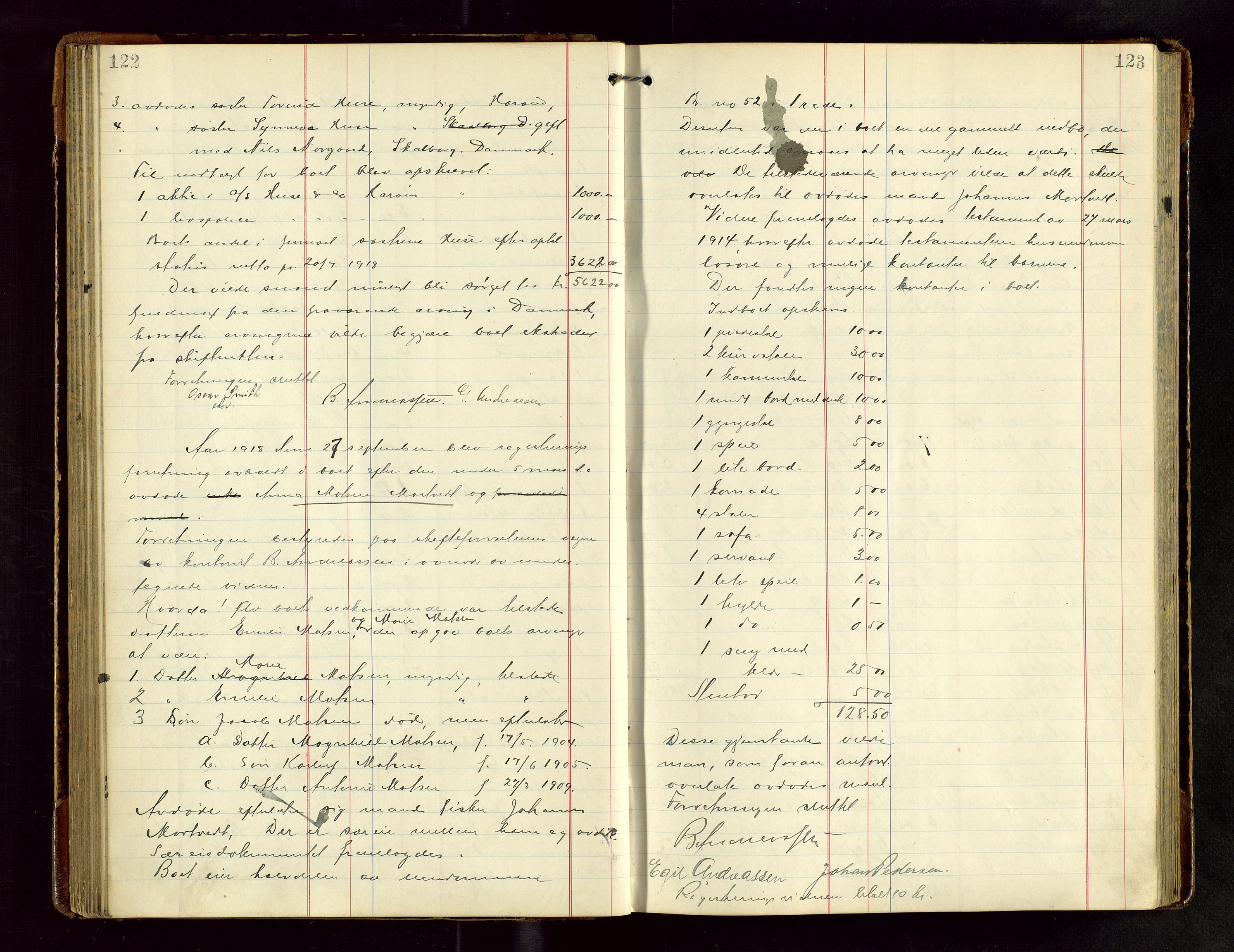 Haugesund tingrett, AV/SAST-A-101415/01/IV/IVB/L0004: Skifteregistreringsprotokoll, med register, 1914-1923, s. 122-123