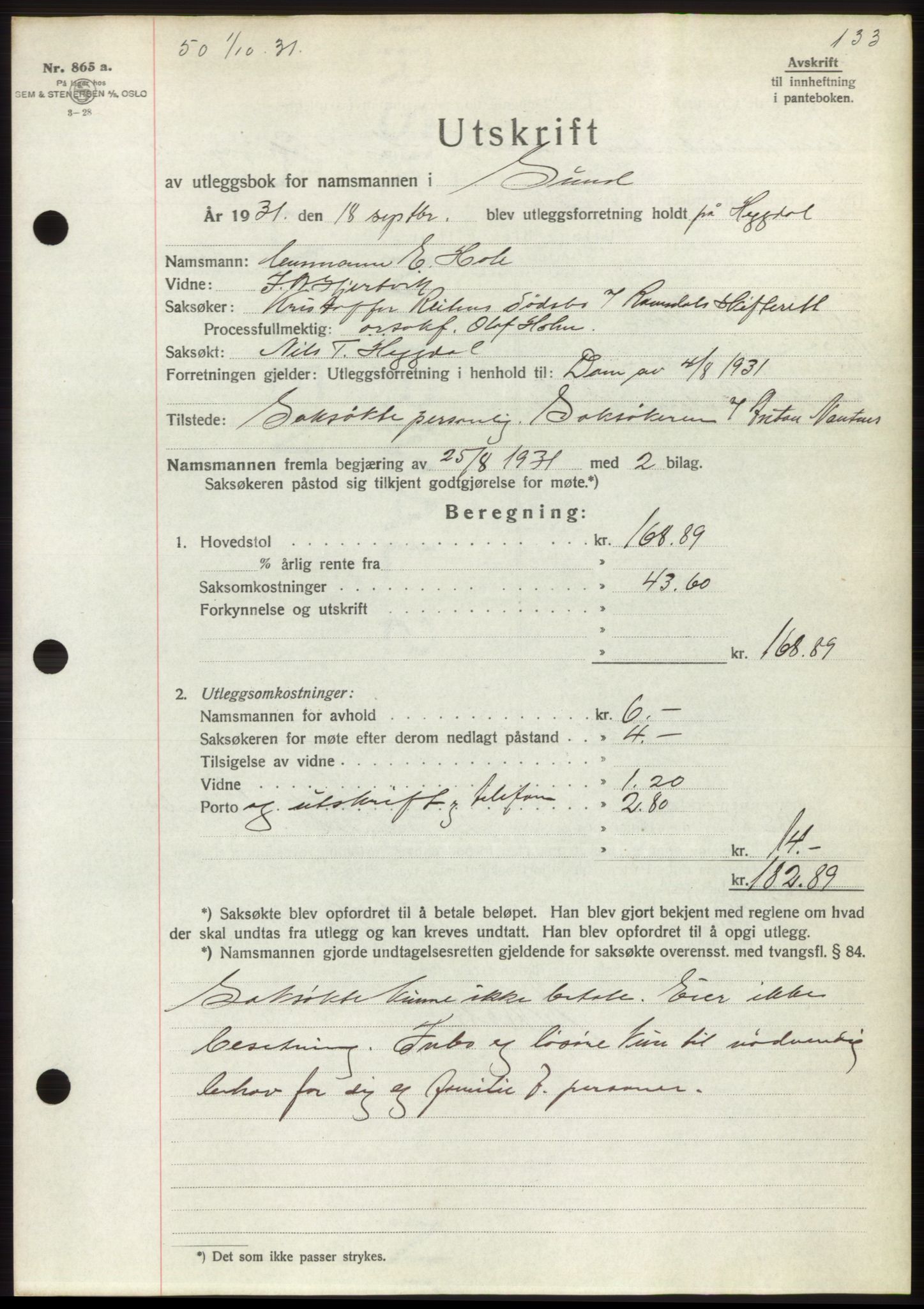 Romsdal sorenskriveri, AV/SAT-A-4149/1/2/2C/L0060: Pantebok nr. 54, 1931-1932, Tingl.dato: 01.10.1931